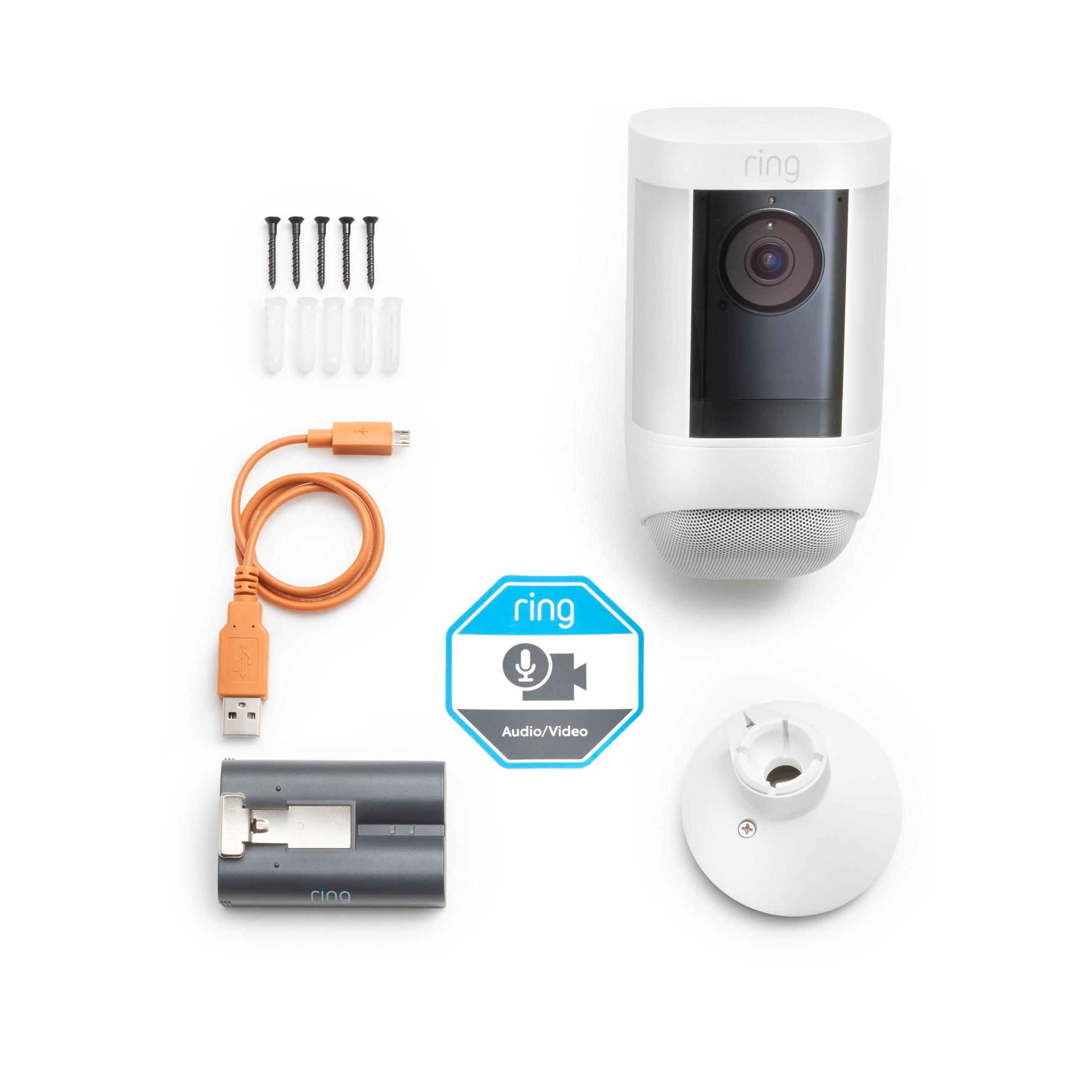 Ring-Überwachungskamera-Kit mit Akku, Schrauben, Kabel, Halterung und Logo.