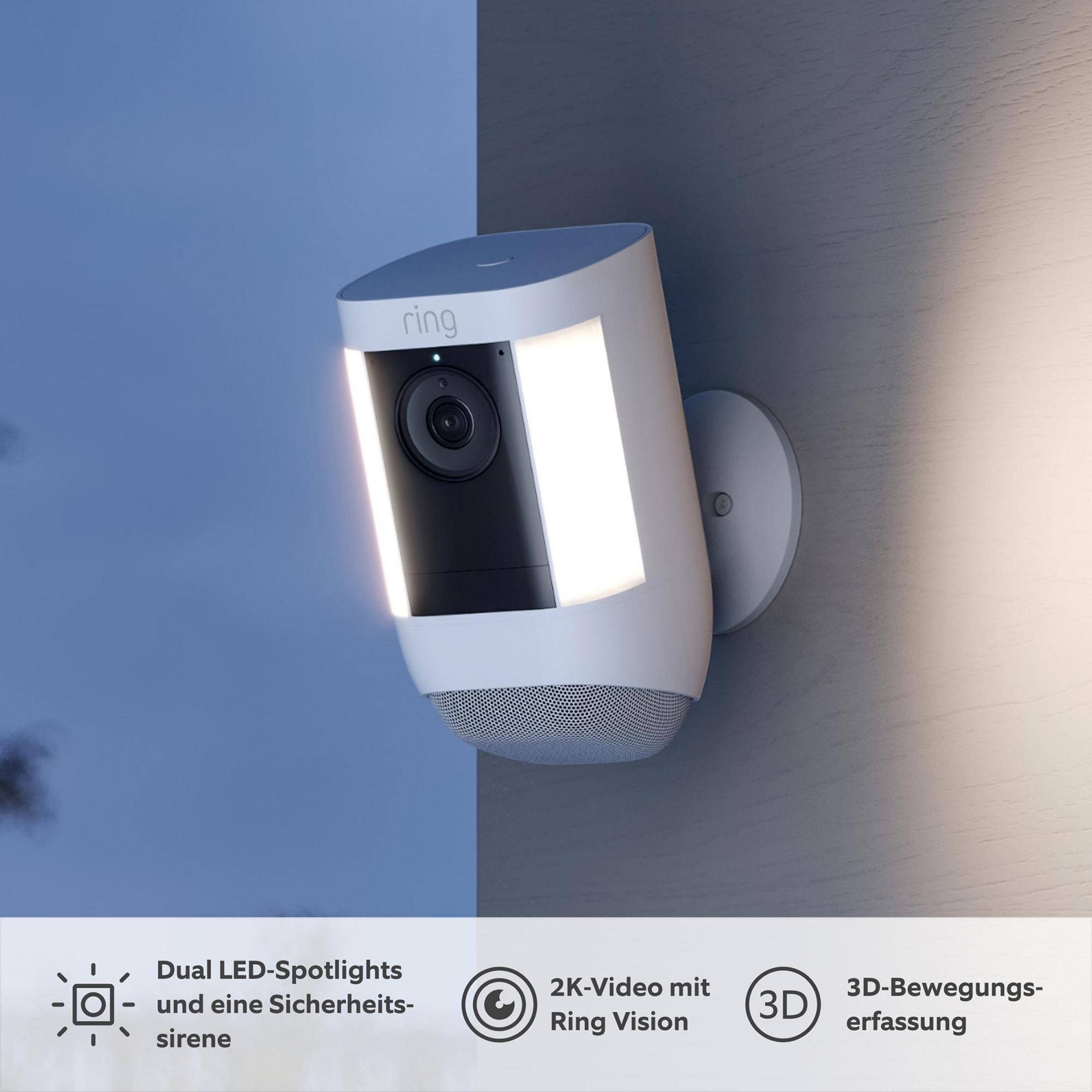 Ring Überwachungskamera mit Scheinwerfern, Nachtsicht und Bewegungserfassung.