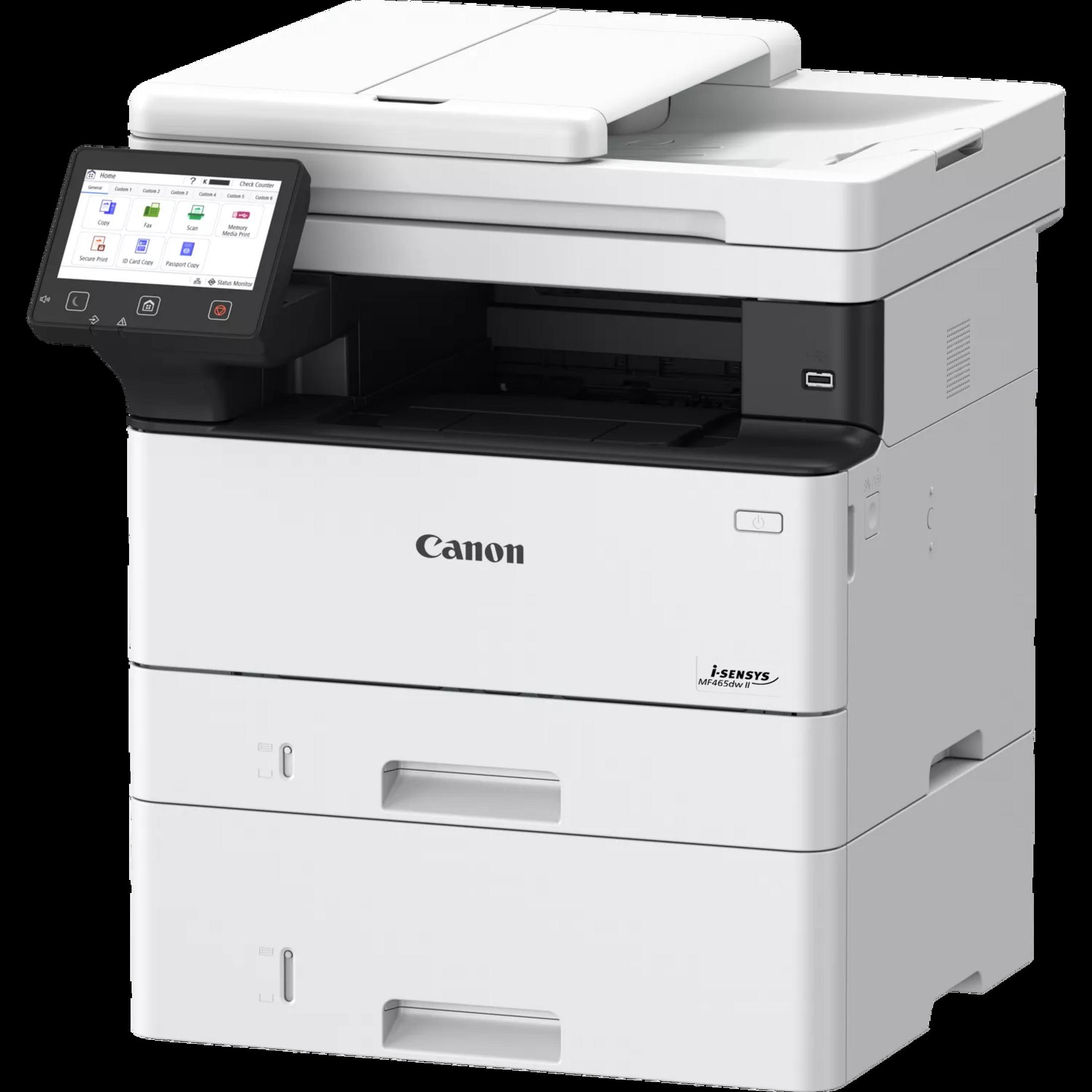 Una impresora multifunción Canon i-SENSYS MF465dw II blanca con pantalla táctil.