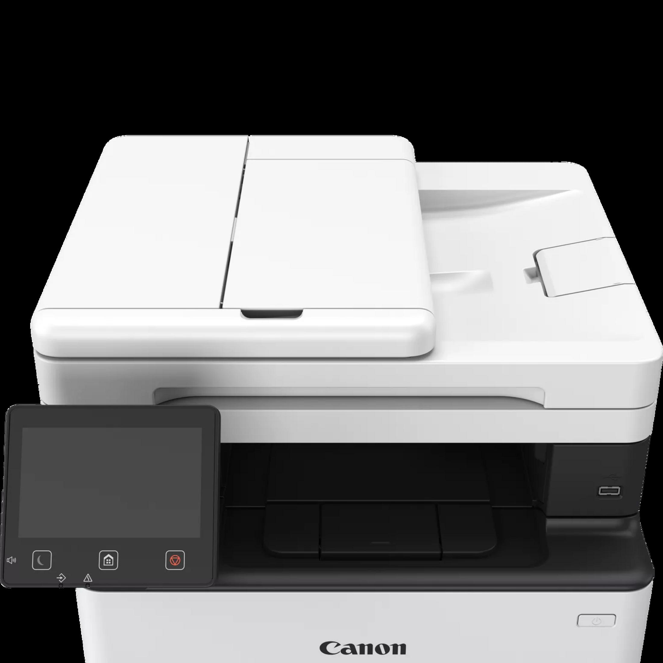 Una impresora Canon blanca con pantalla táctil y bandeja de salida.