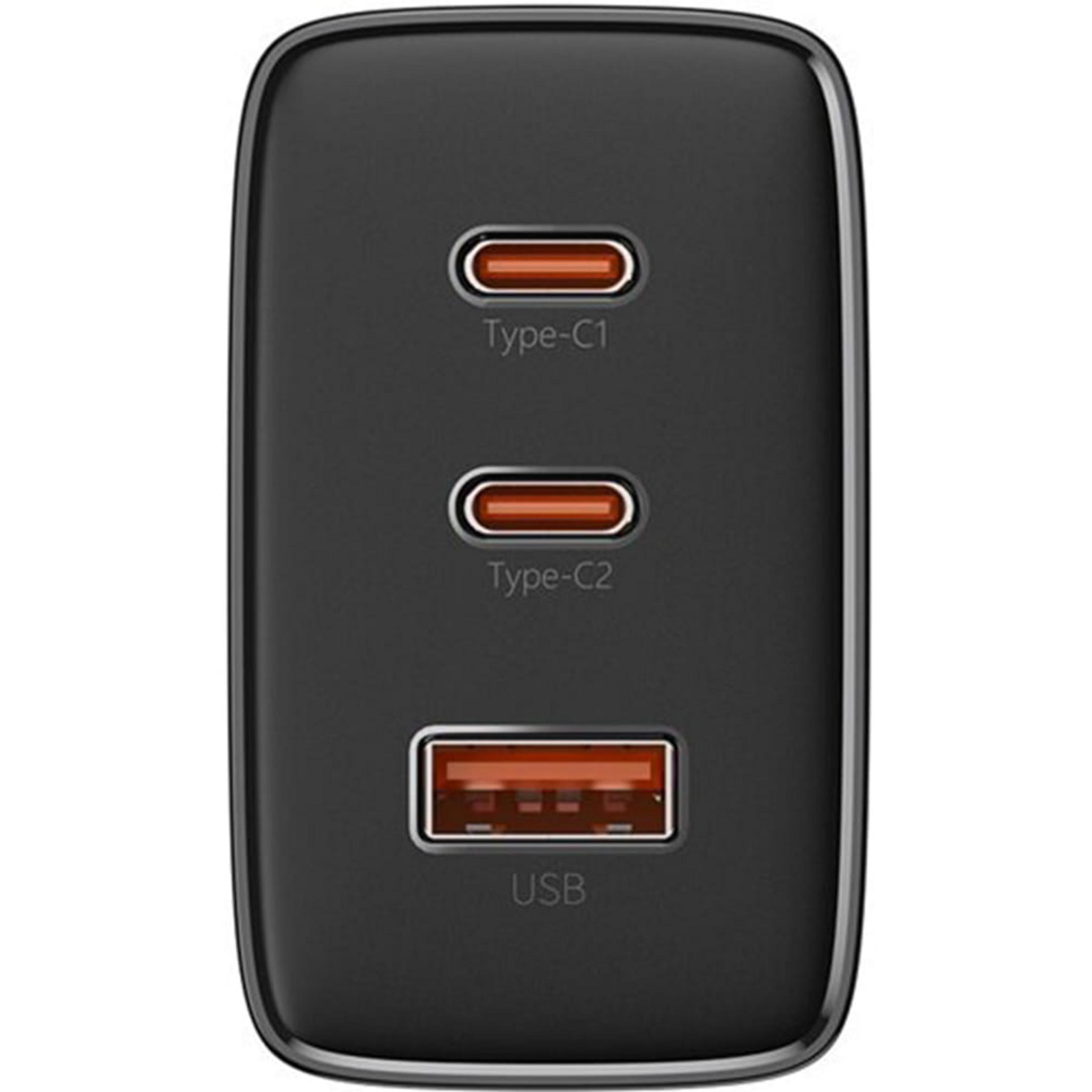 Czarna ładowarka z dwoma portami USB-C i jednym portem USB-A.