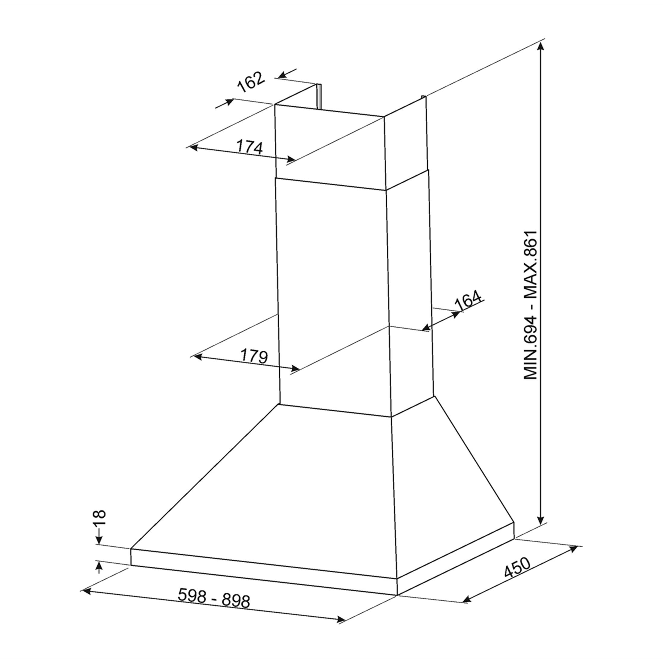 Dibujo técnico de una campana extractora con dimensiones.