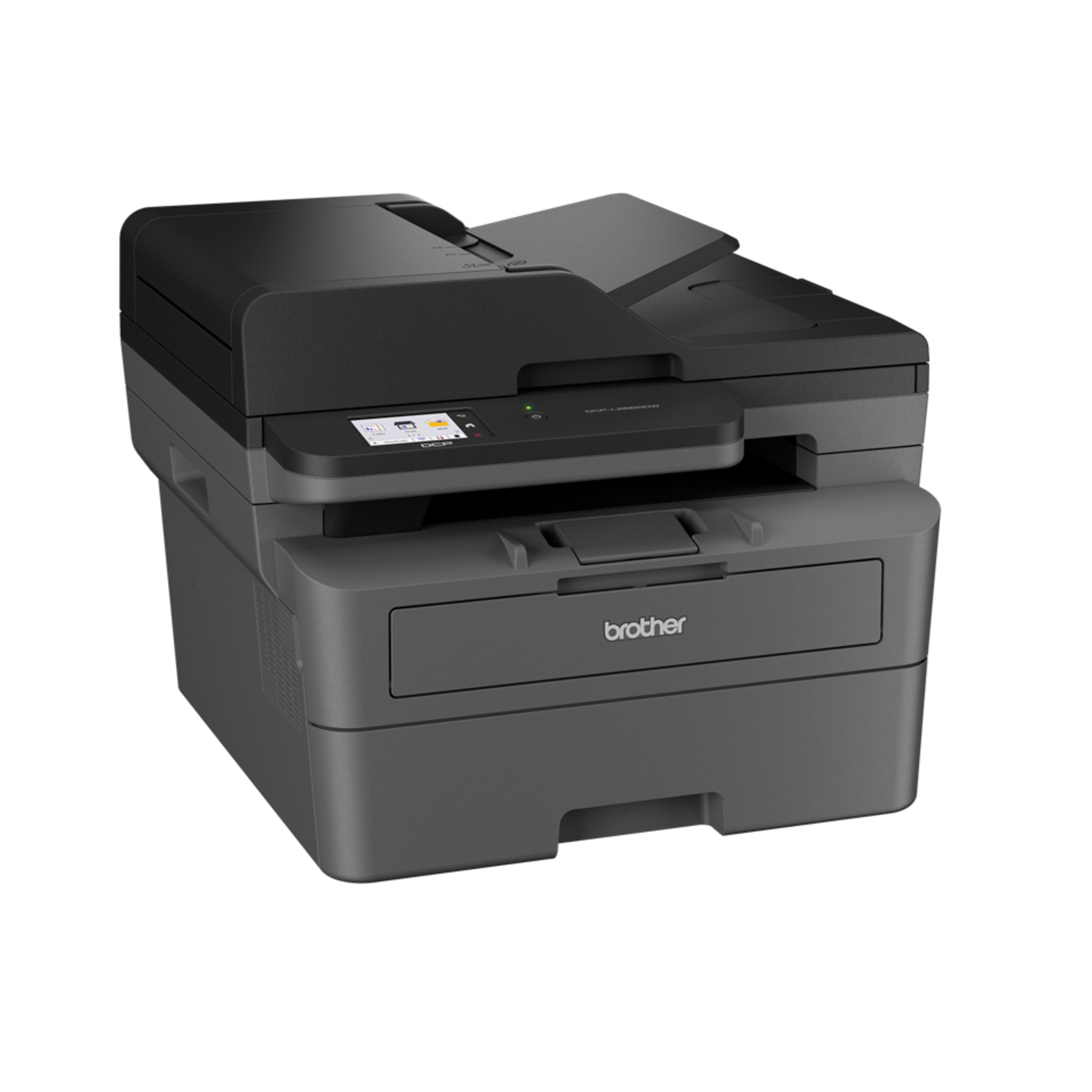Une imprimante laser Brother noire et grise avec écran tactile.