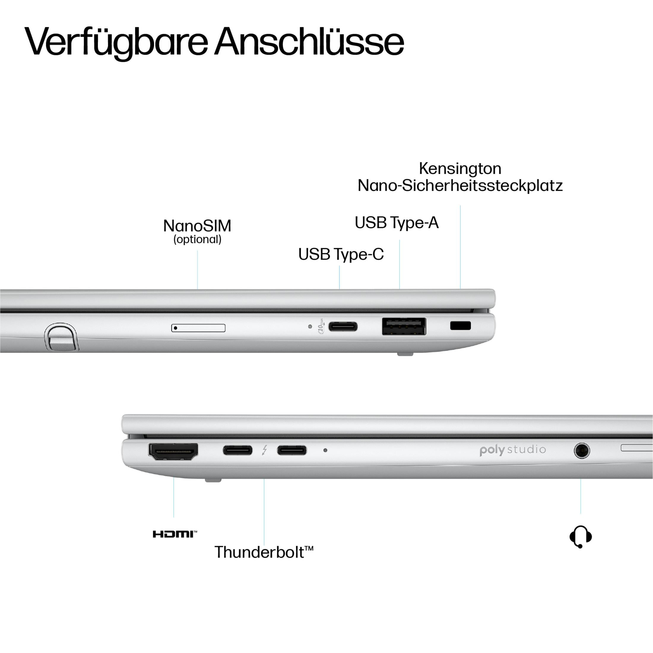 Porte del laptop: NanoSIM, USB-A, USB-C, HDMI, Thunderbolt, slot Kensington.