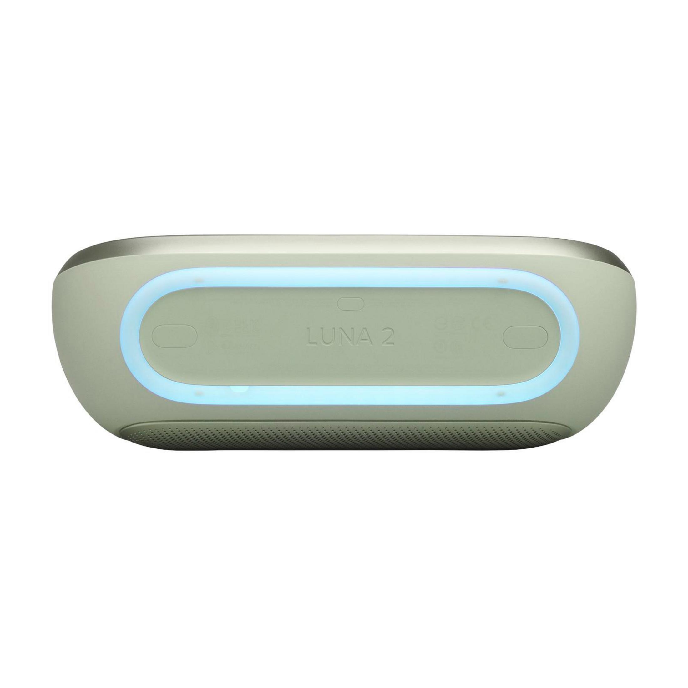 Ein hellgrüner Lautsprecher mit blauer LED-Beleuchtung und dem Aufdruck LUNA 2.