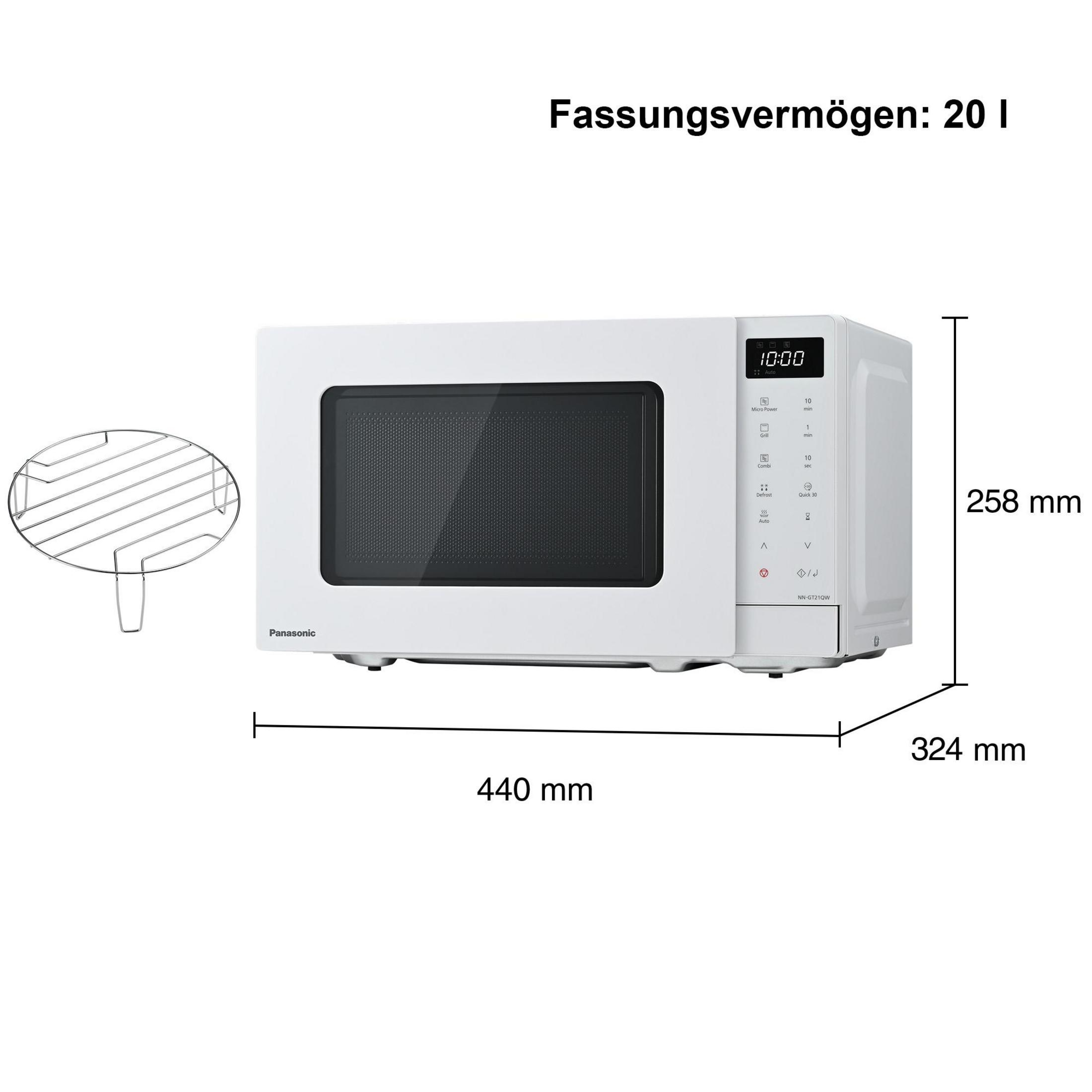 Un microonde Panasonic bianco con funzione grill e pannello di controllo. Dimensioni: 440x258x324mm.