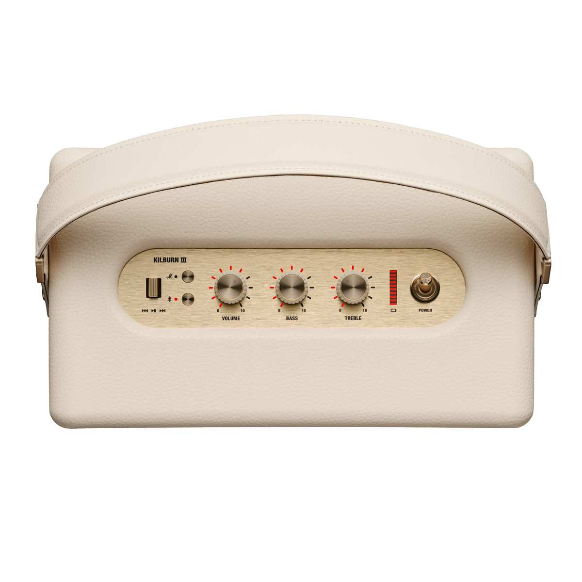 Un altoparlante Marshall Kilburn III color crema con controlli dorati.