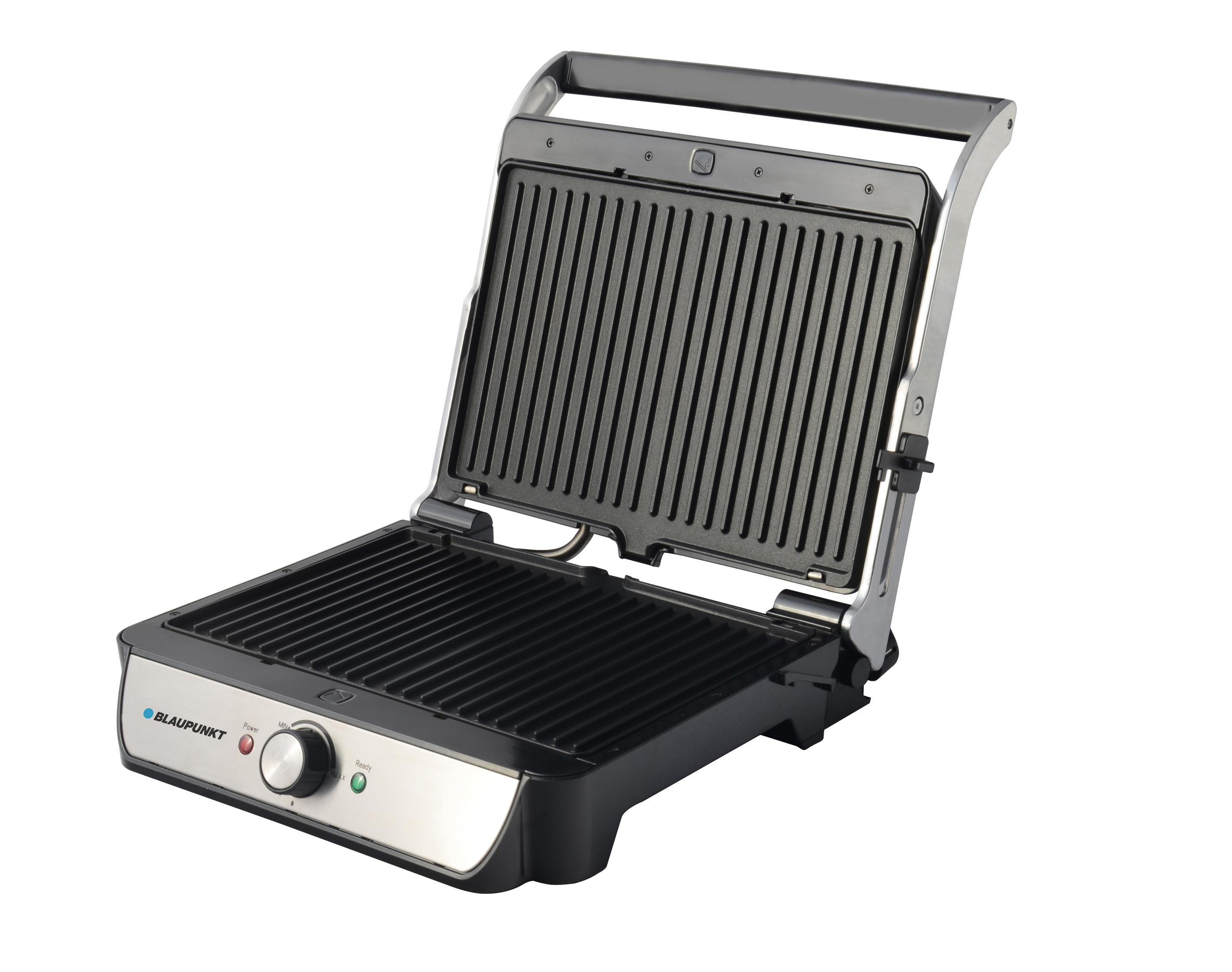 Ein offener silberner und schwarzer Kontaktgrill mit gerippten Platten.