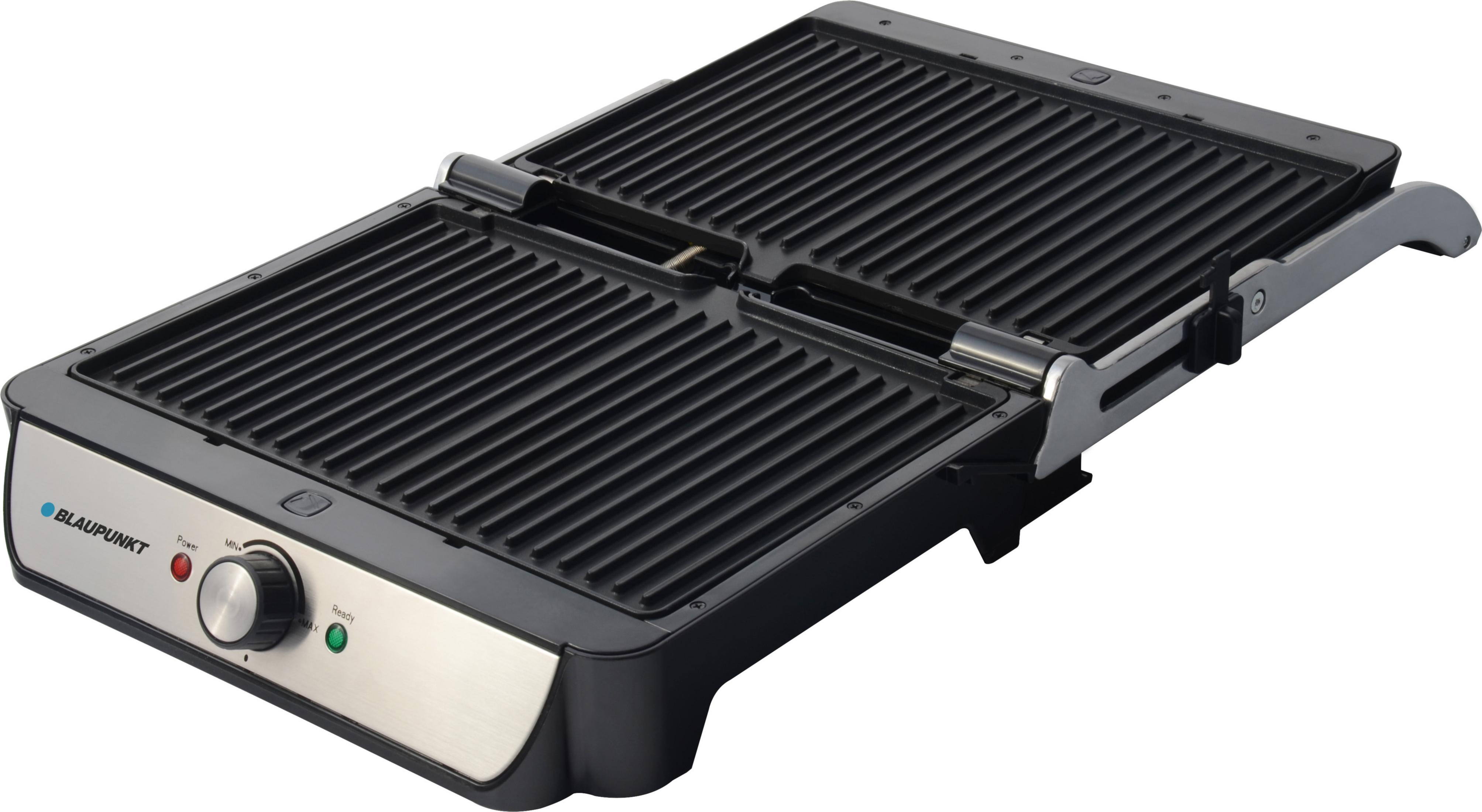 Ein offener schwarzer Kontaktgrill mit silbernen Akzenten und Bedienelementen.