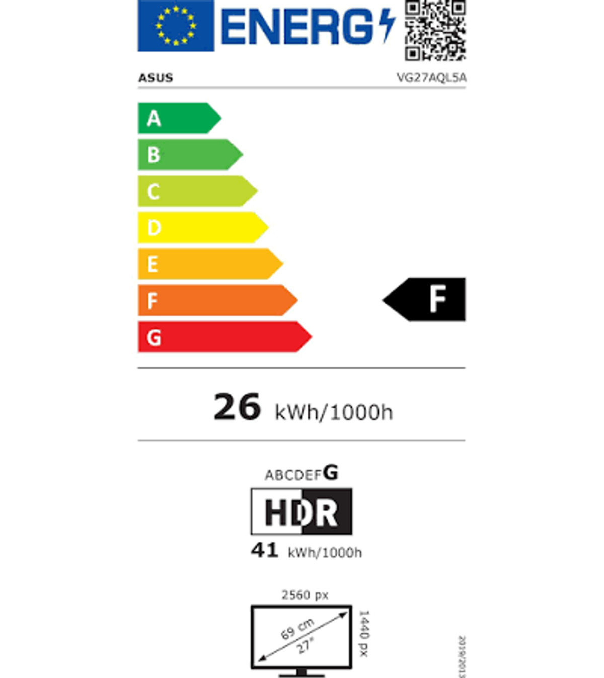 Etiqueta energética escala A-G, F, 26 kWh/1000h, HDR, 41 kWh/1000h, monitor 27 pulgadas.