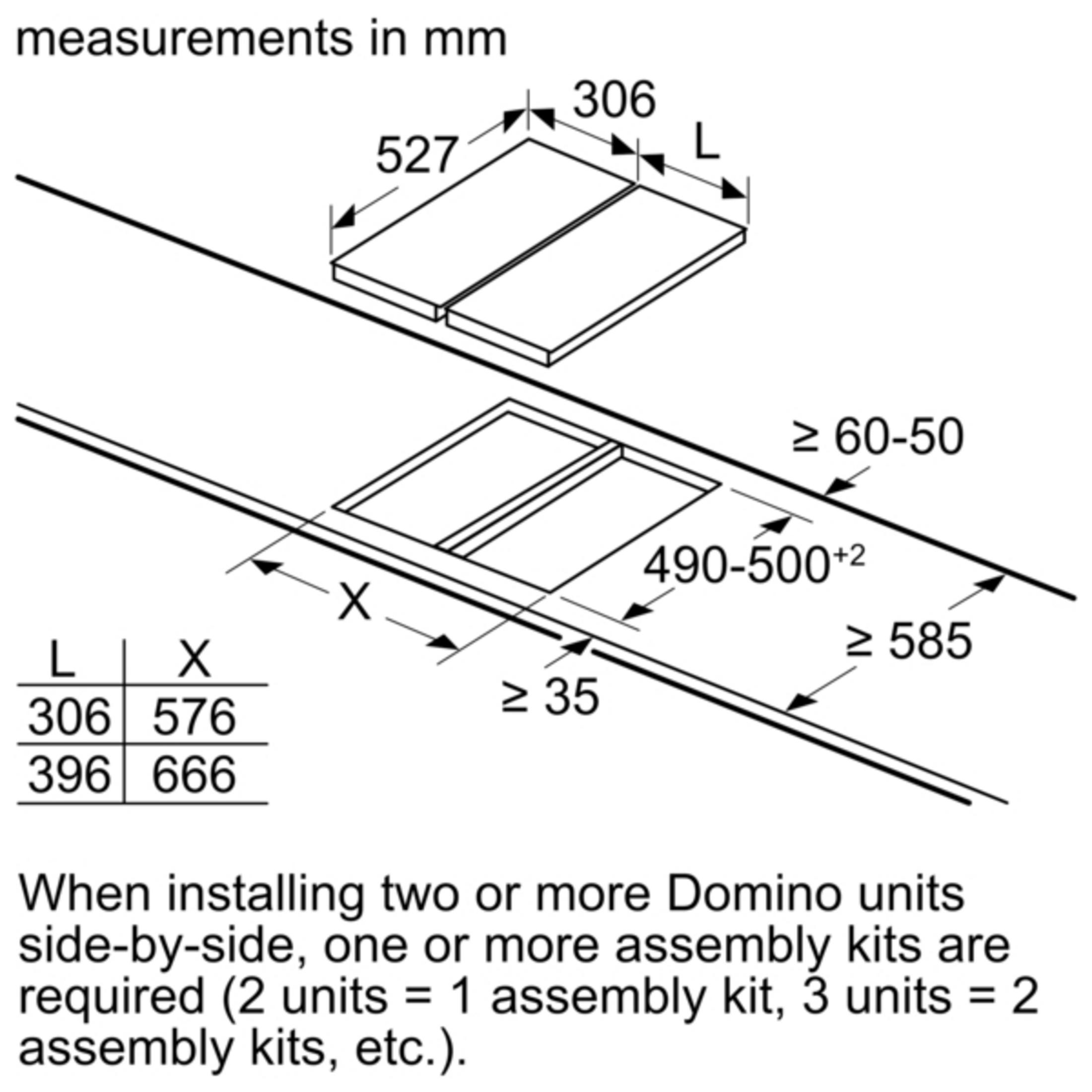 Dibujo técnico con dimensiones para unidades Domino, tamaños de instalación y notas de montaje.