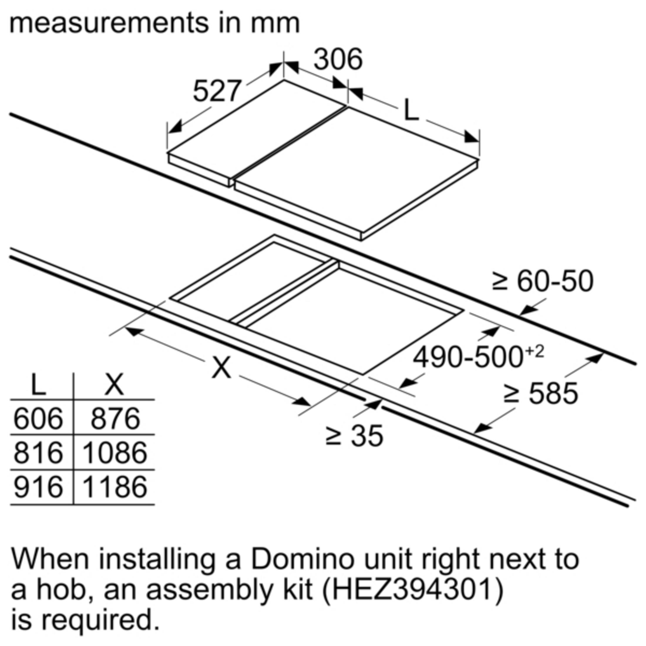 Dibujo técnico: Dimensiones de instalación para placas de cocina en mm.