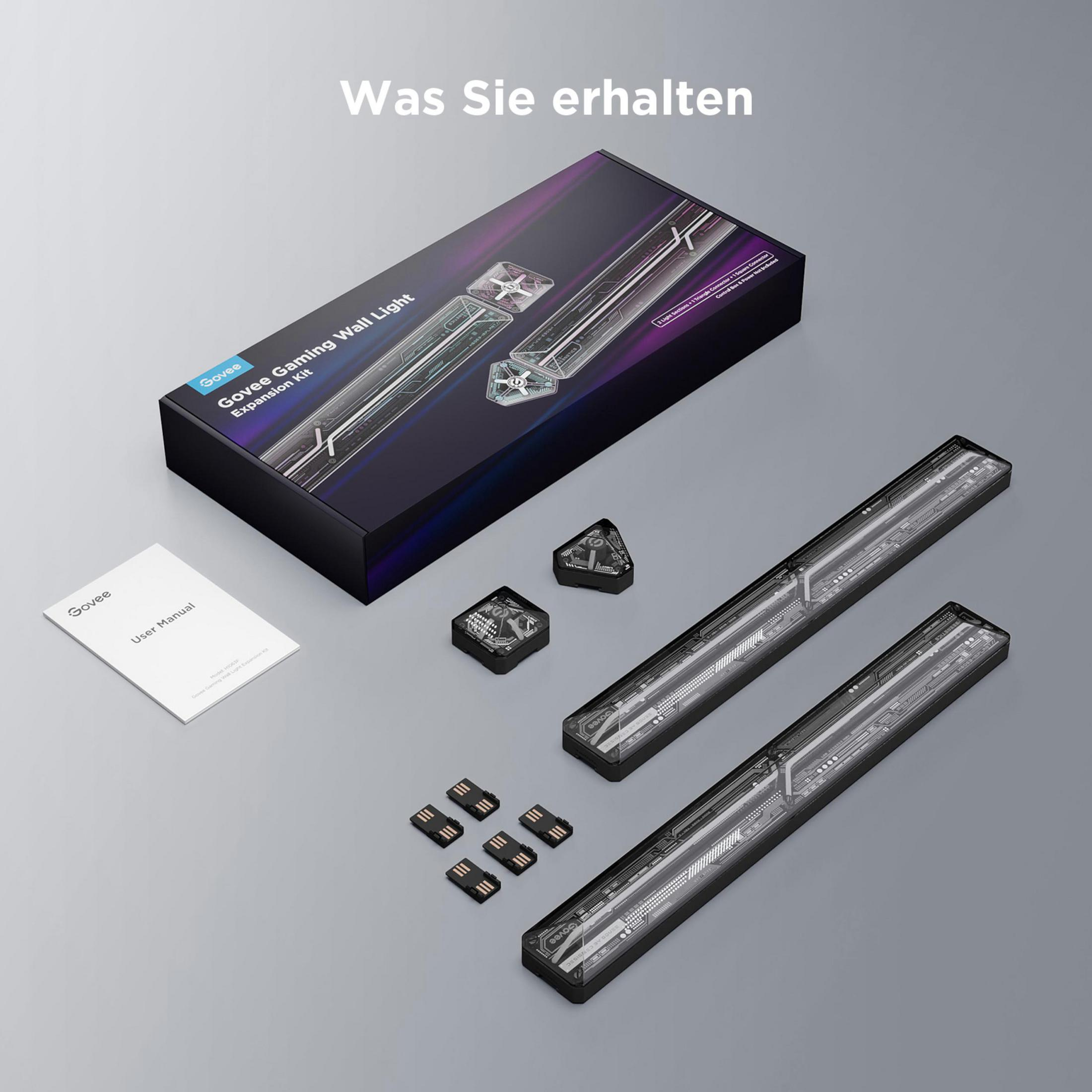 Kit di espansione Govee Gaming Wall Light con manuale, connettori e barre luminose.