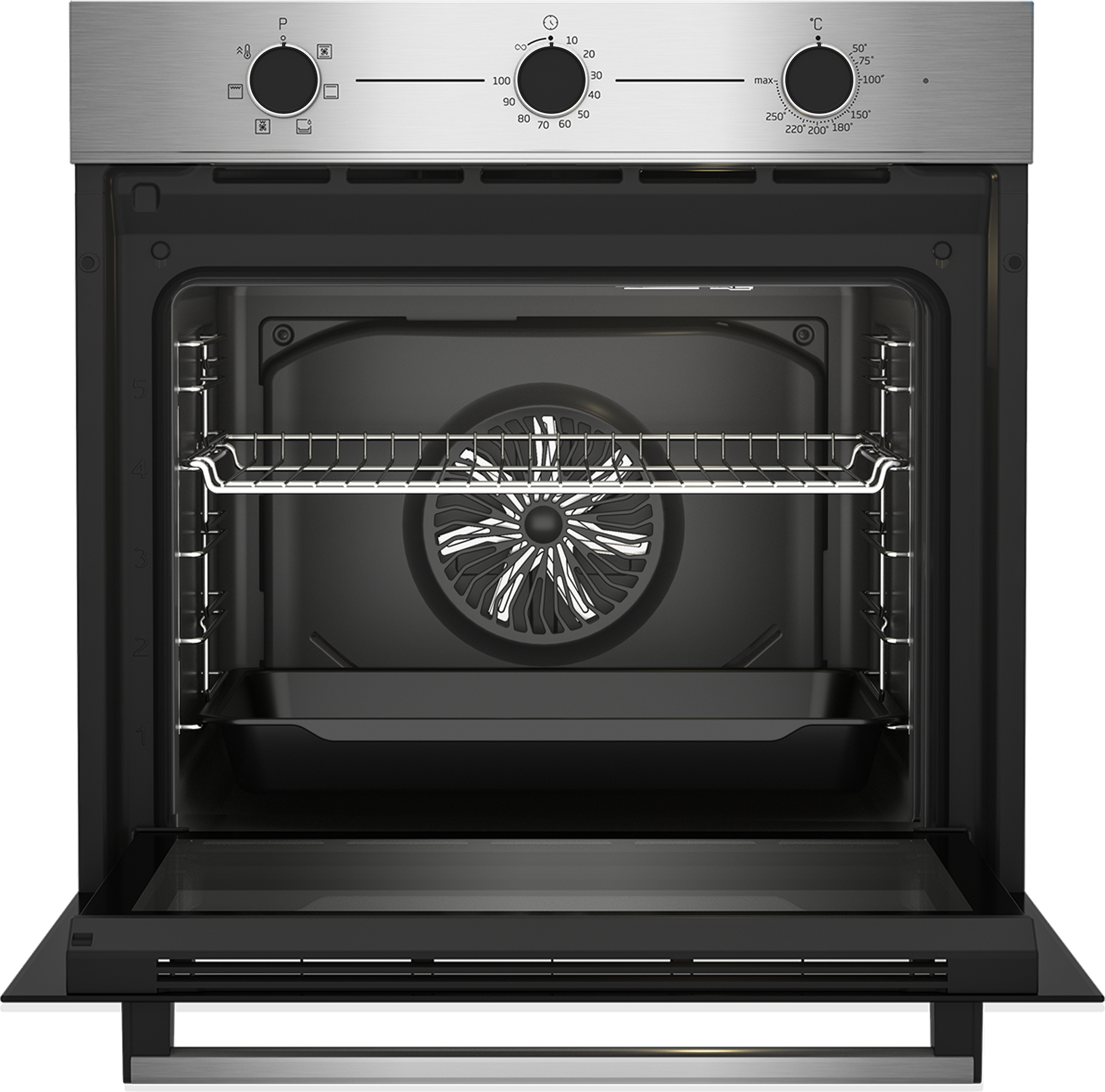 Un forno da incasso in acciaio inox aperto con controlli argentati e ventola.
