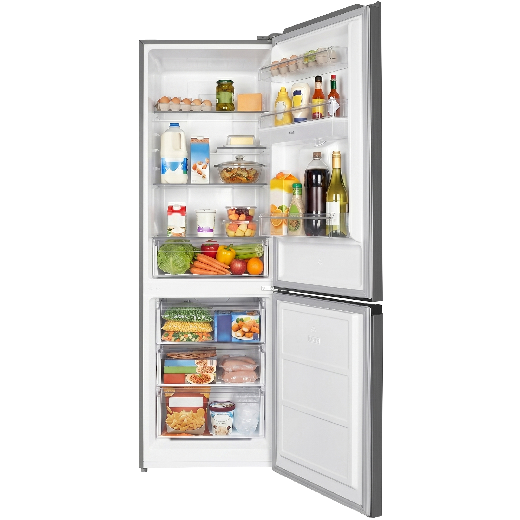 Open refrigerator with shelves full of food: eggs, milk, cheese, vegetables, drinks, and frozen items.