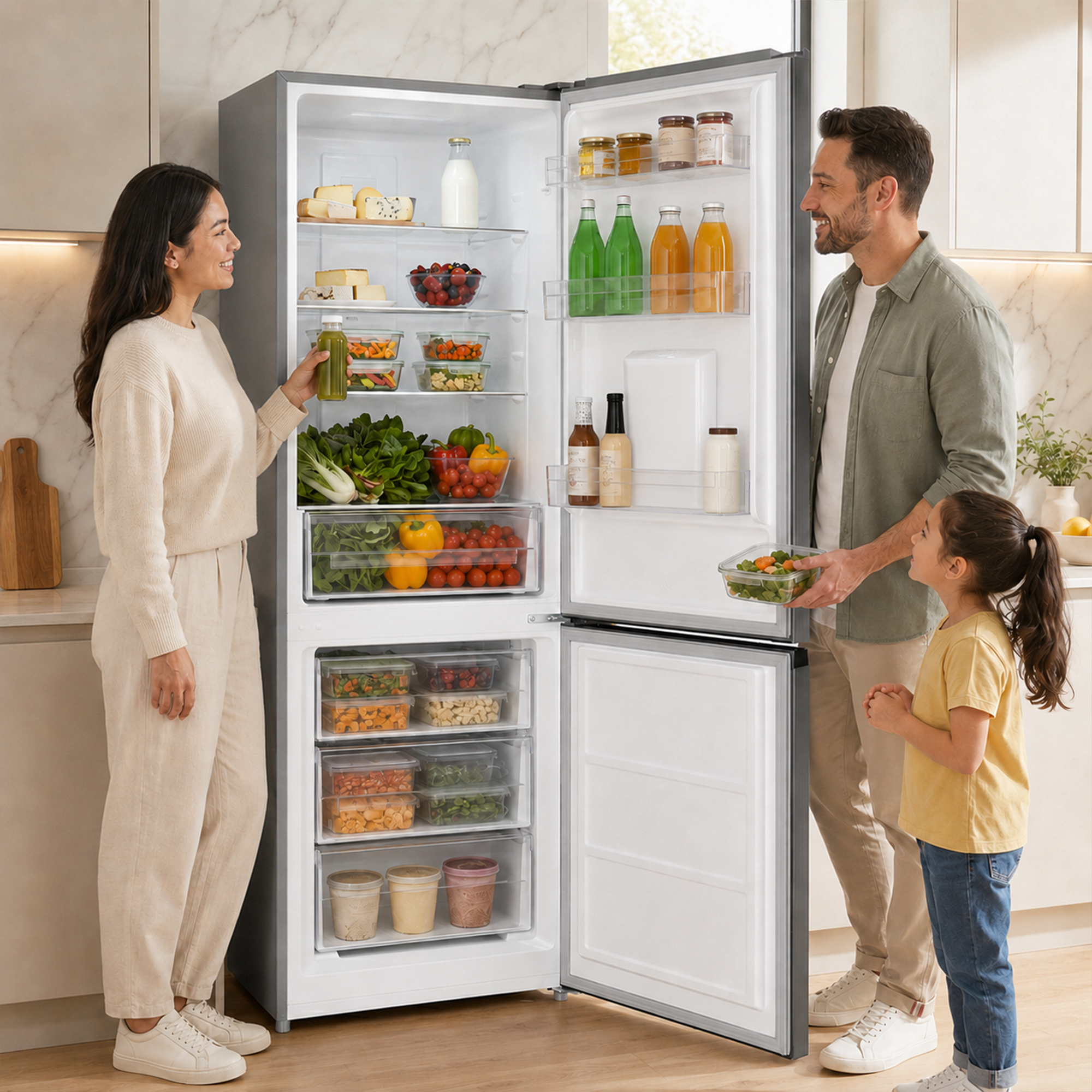 Family in front of an open refrigerator filled with food.