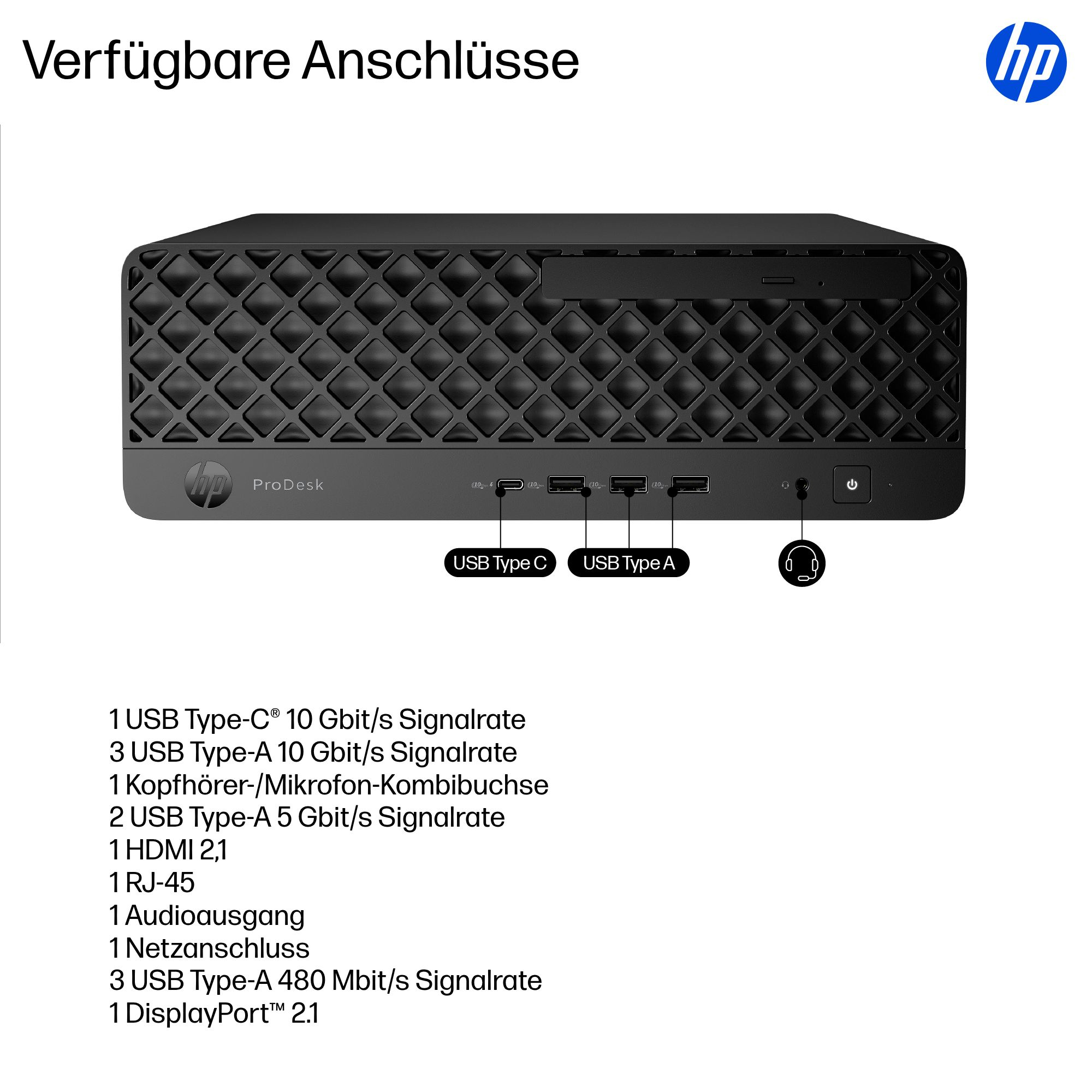 PC HP ProDesk noir avec plusieurs ports avant et logo HP.