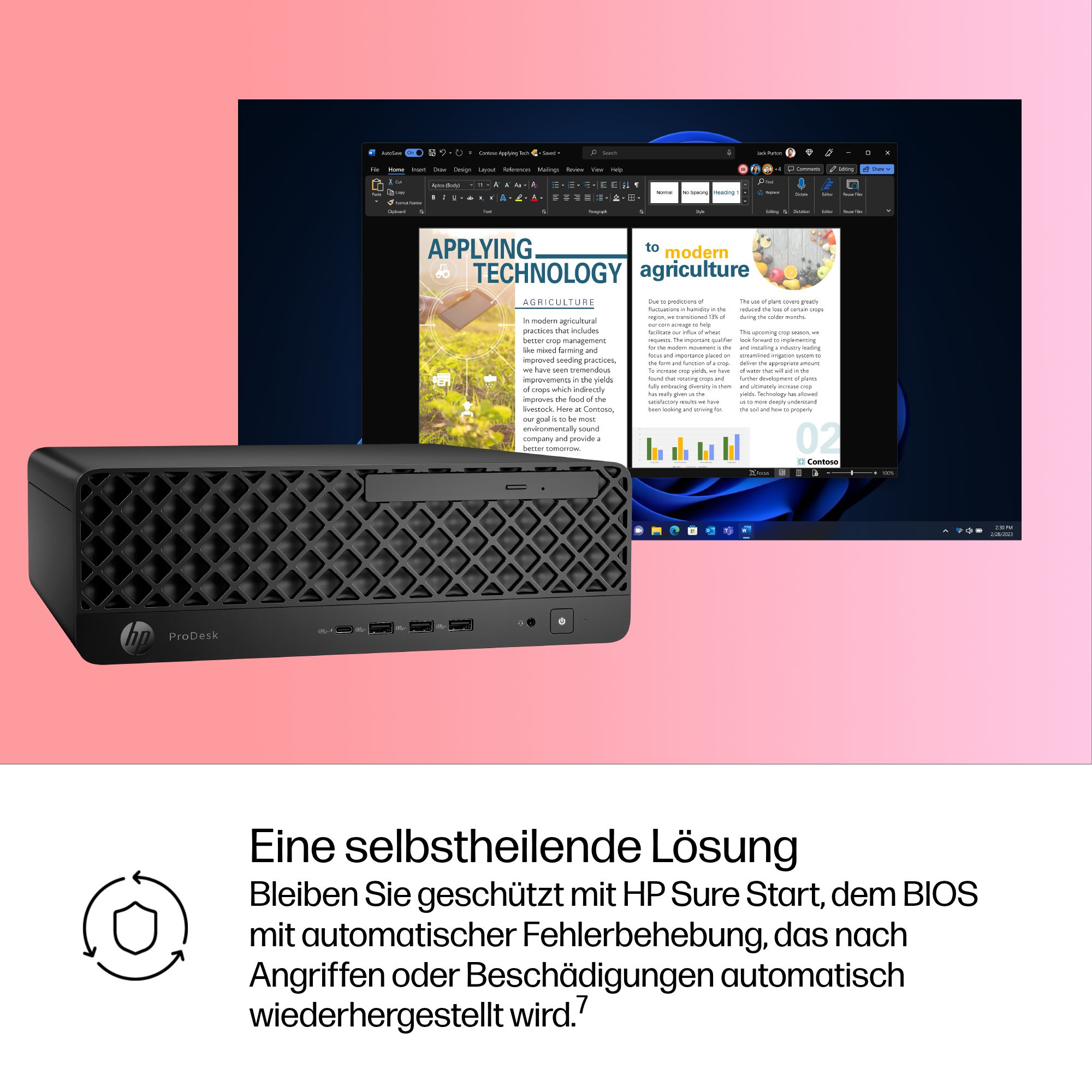 Un PC HP ProDesk avec un document sur l'agriculture moderne et une icône de sécurité.