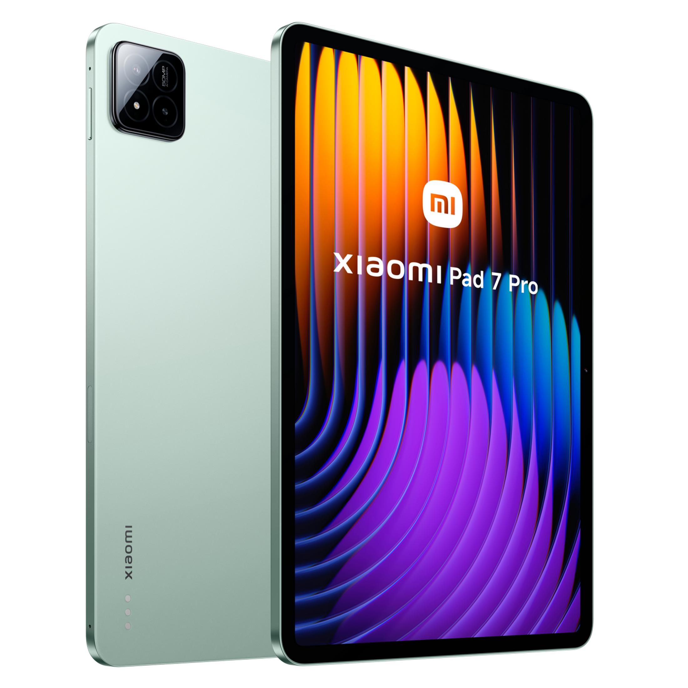 Una tableta Xiaomi Pad 7 Pro verde claro con fondo abstracto y módulo de doble lente.
