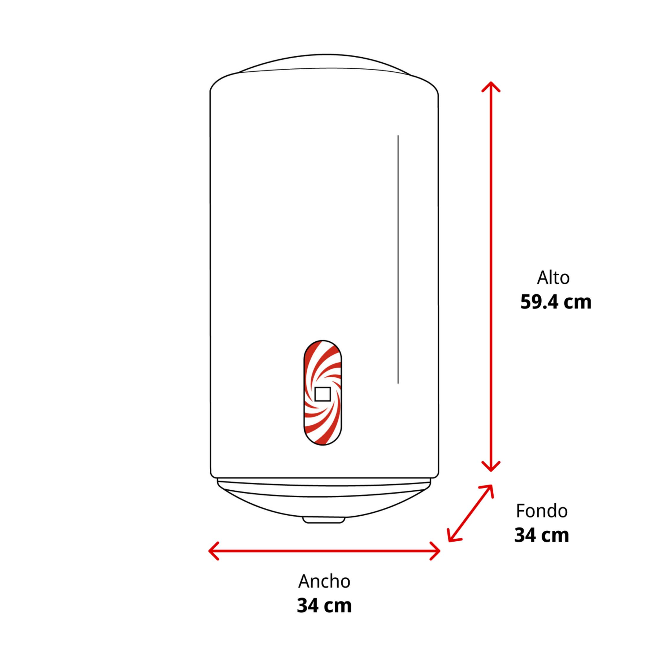 Disegno tecnico di uno scaldabagno bianco con dimensioni: altezza 59,4 cm, larghezza 34 cm, profondità 34 cm.