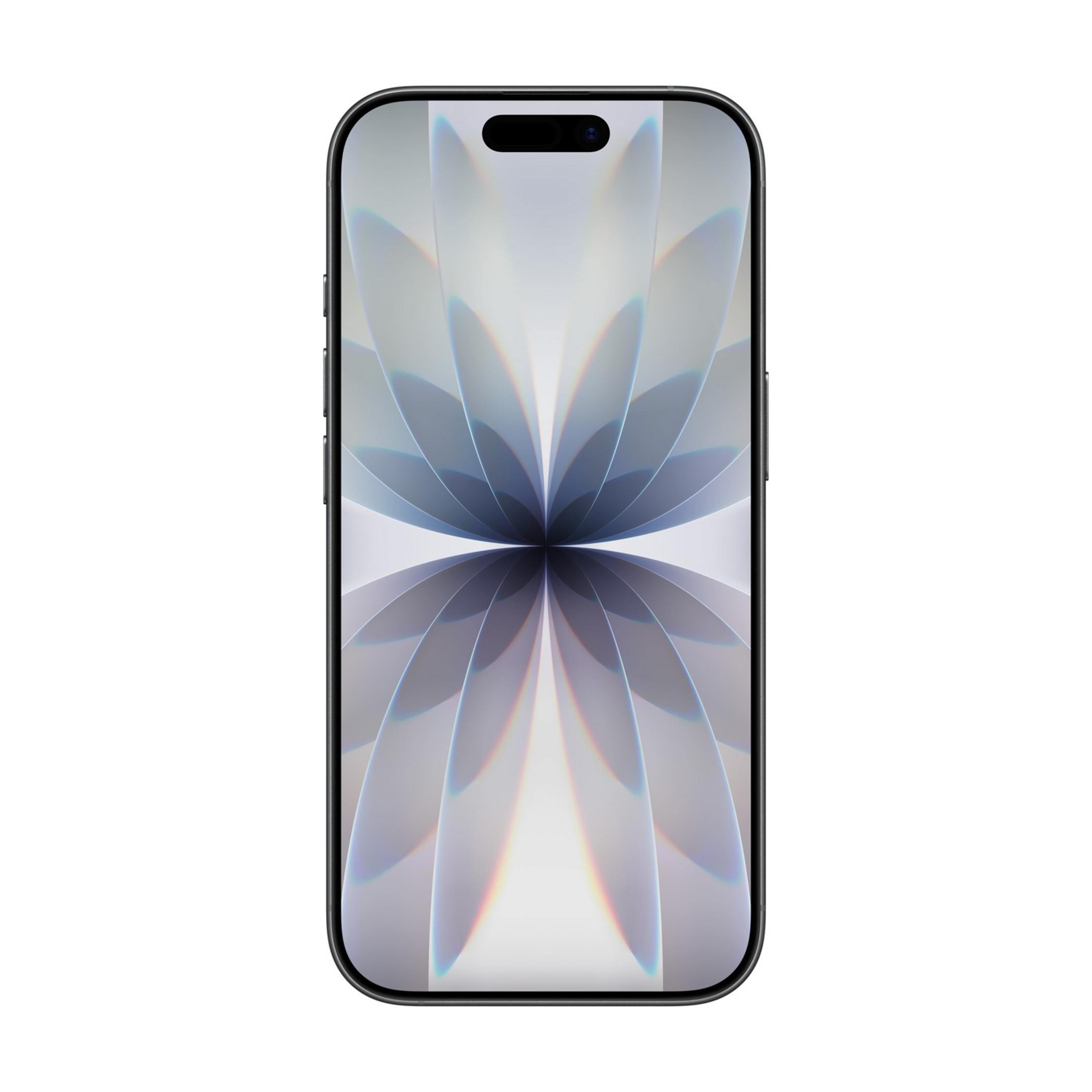 Czarny smartfon z abstrakcyjną niebiesko-białą tapetą.