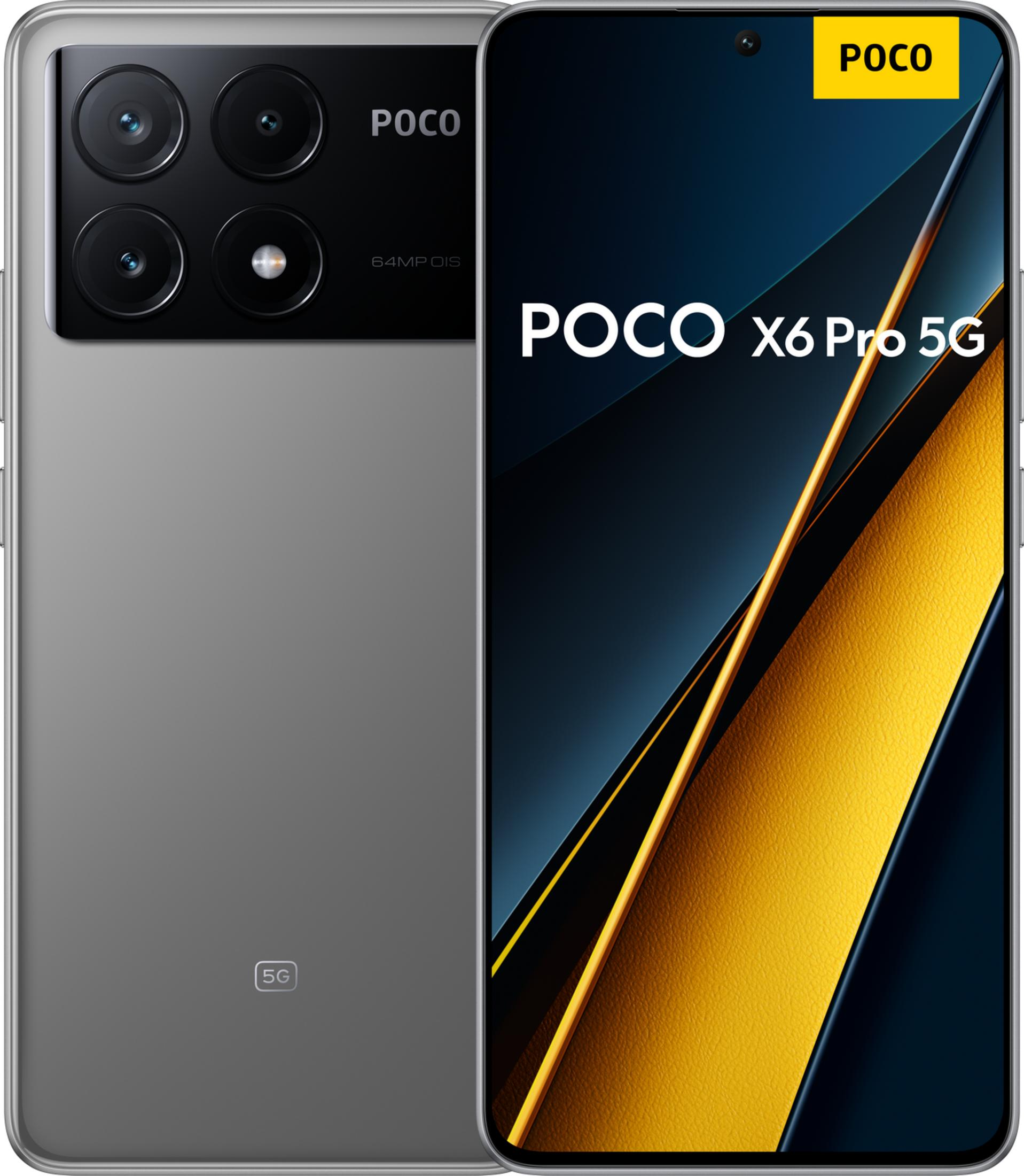 Ein graues POCO X6 Pro 5G Smartphone mit vier Kameras auf der Rückseite.