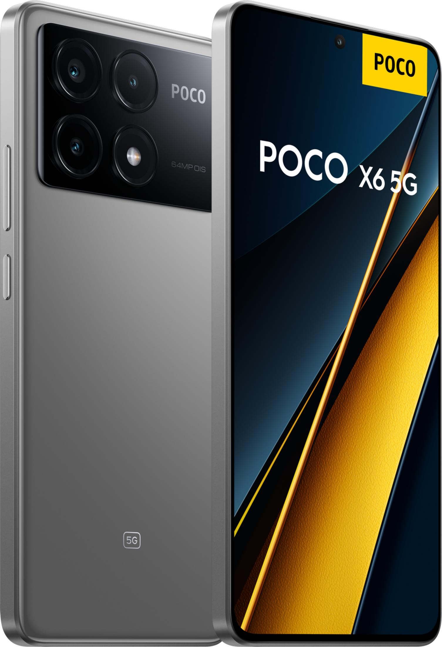 Graues POCO X6 5G Smartphone mit vierfacher Rückkamera und gelbem Akzent.