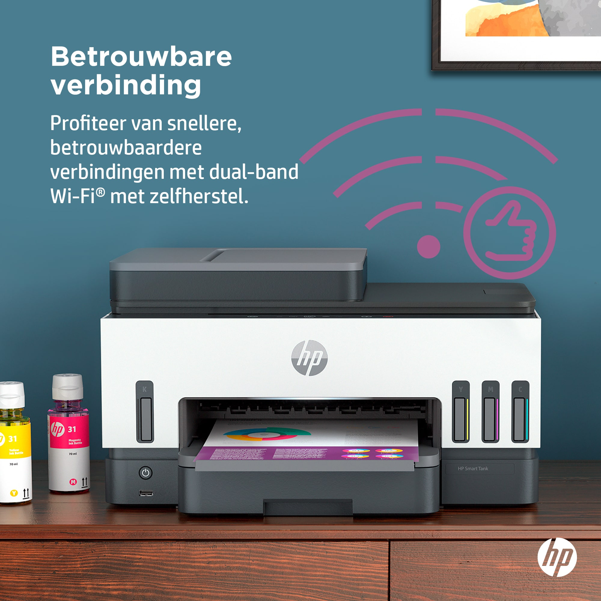 Imprimante HP avec bouteilles d'encre, icône Wi-Fi et texte.