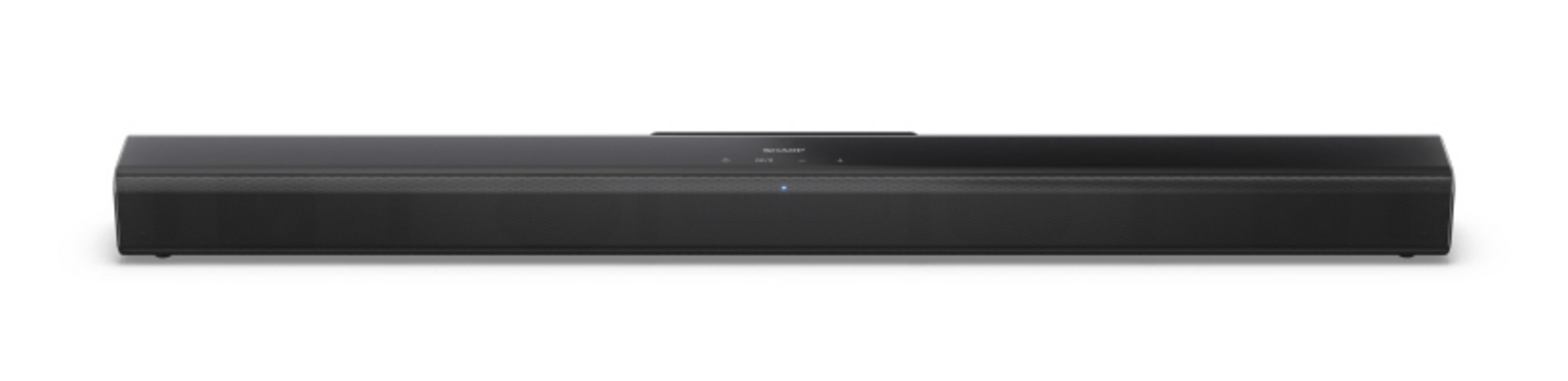 Schwarzer Soundbar mit Metallgitter und blauer LED.