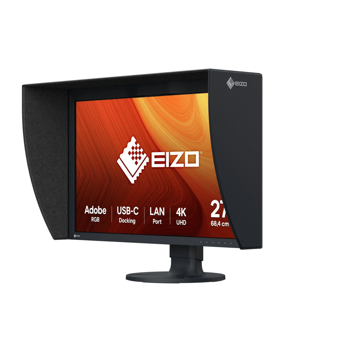 Un monitor EIZO da 27 pollici con paraluce, 4K UHD, USB-C e connettività LAN.