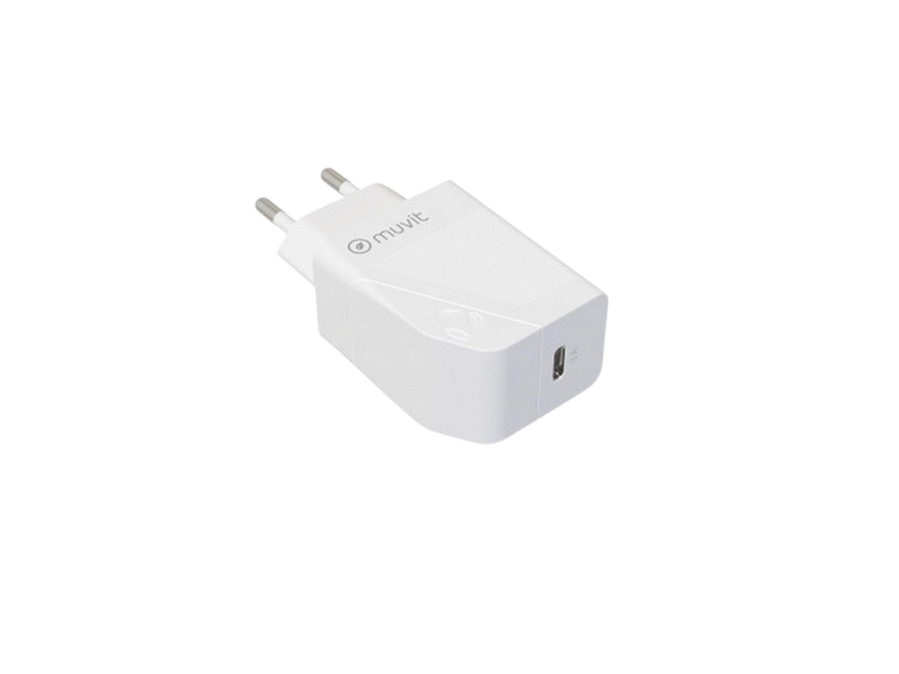 Un caricatore Muvit bianco USB-C con due pin.