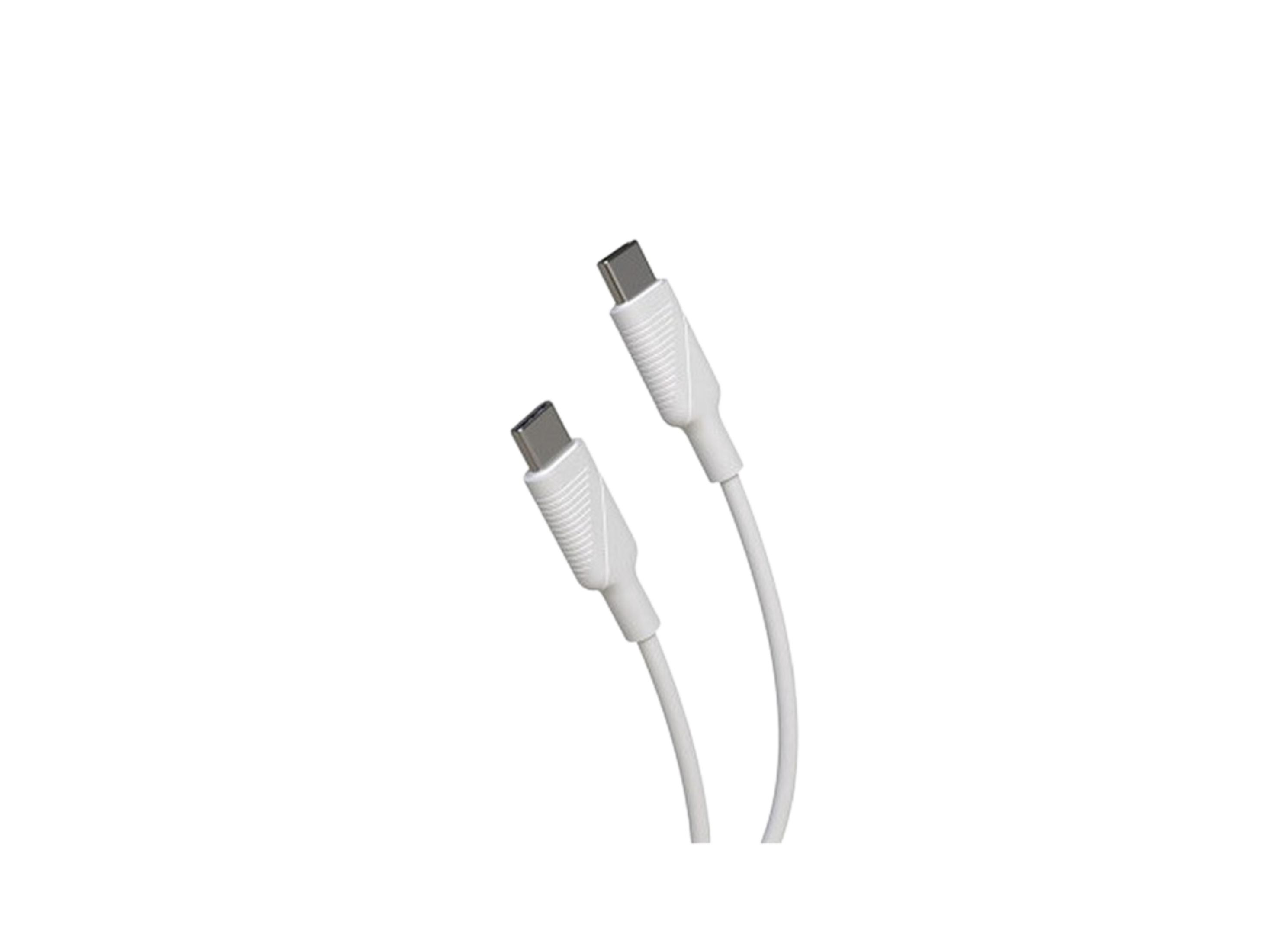 Due cavi USB-C bianchi con connettori argentati su sfondo bianco.