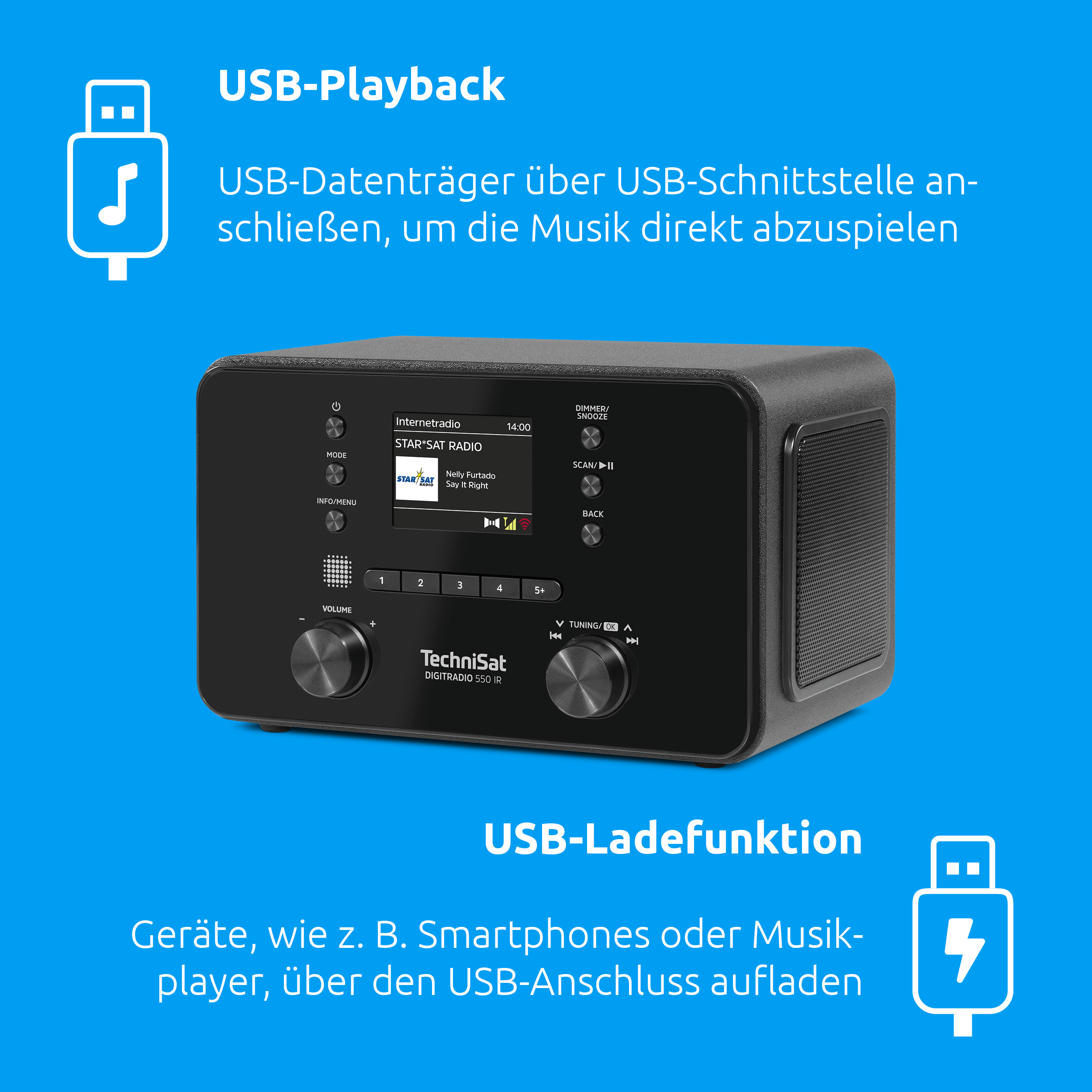 Radio DAB TechniSat con reproducción y carga USB sobre fondo azul.