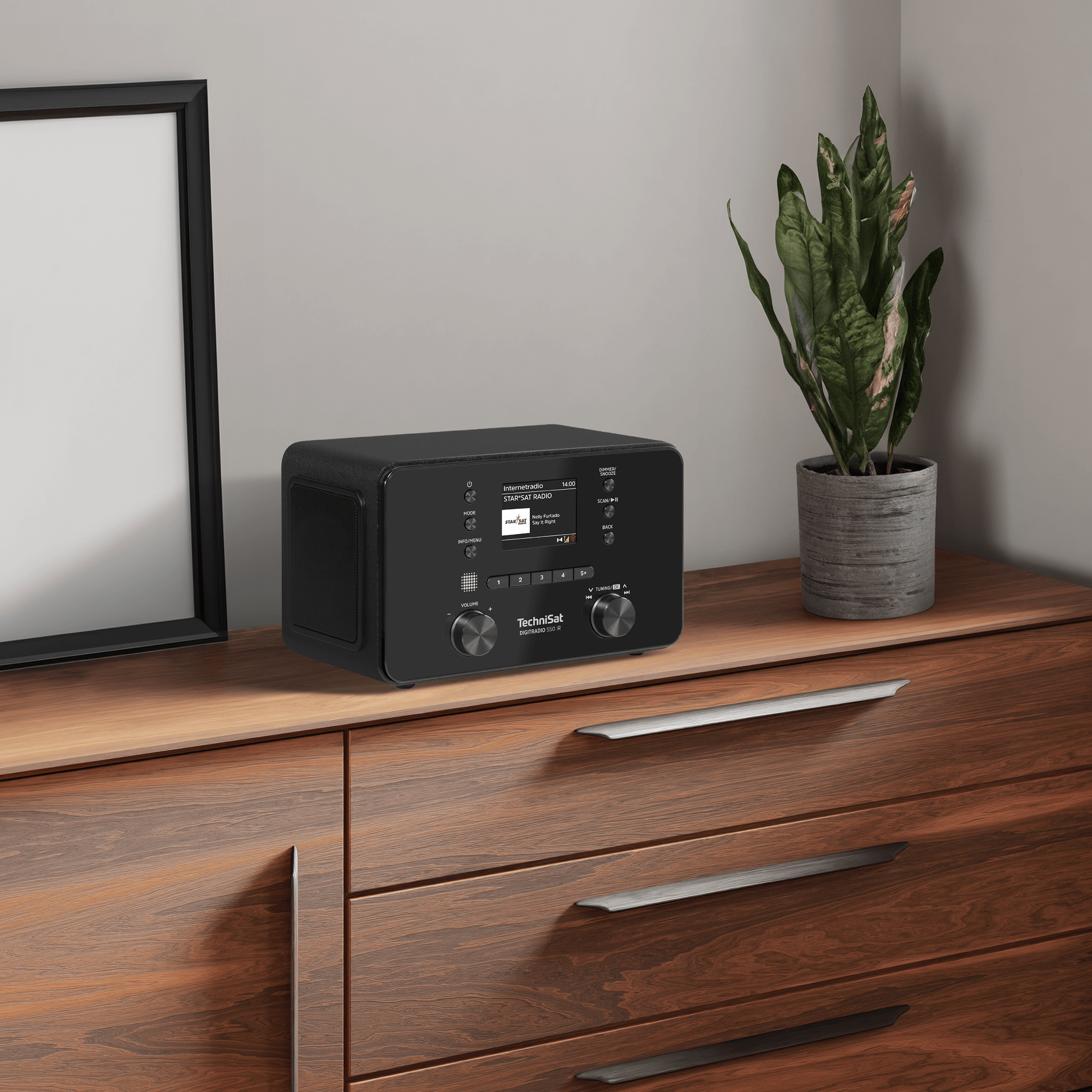 Una radio digital TechniSat negra sobre una cómoda de madera, junto a un marco de fotos y una planta.