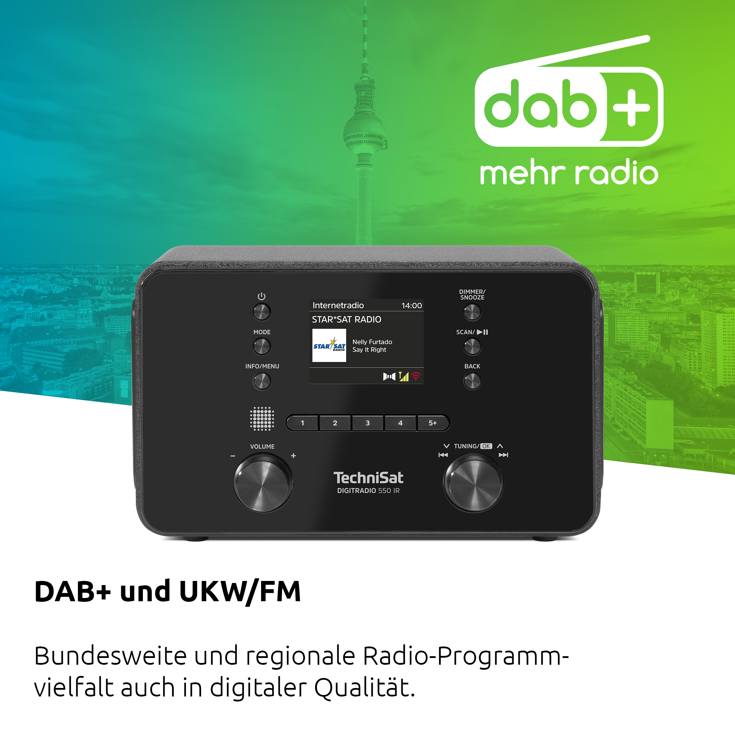 Radio TechniSat DAB+ con silueta urbana y Torre de TV de Berlín al fondo.