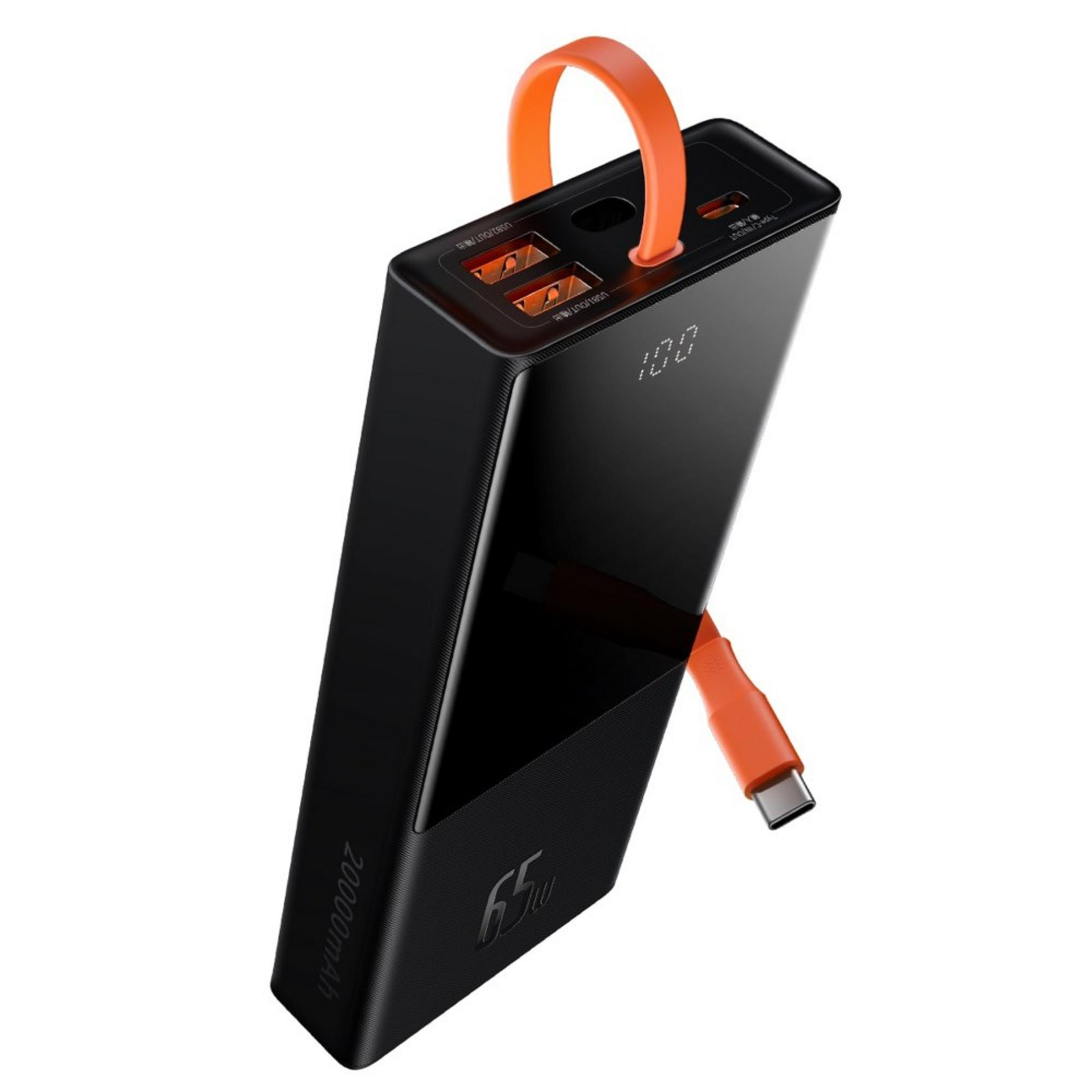 Batería externa negra con correa naranja y cable USB-C. Pantalla muestra 100.