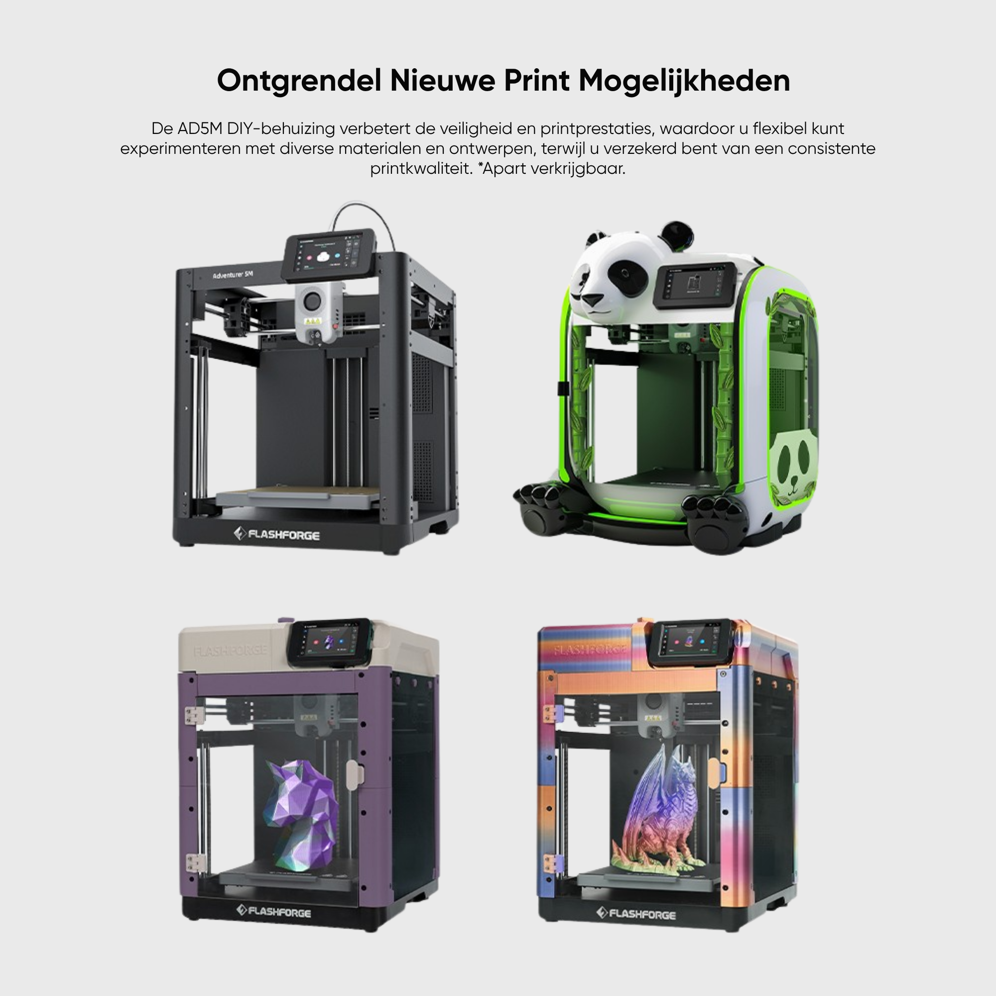 Vier 3D-printers: twee zwarte, een panda, een paarse met eenhoorn, een kleurrijke met draak.