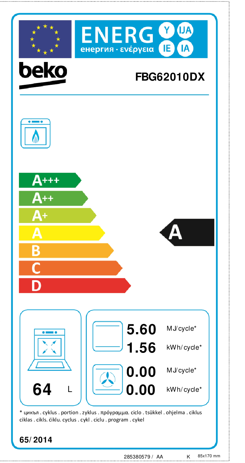 Etichetta energetica forno Beko FBG62010DX, classe energetica A.