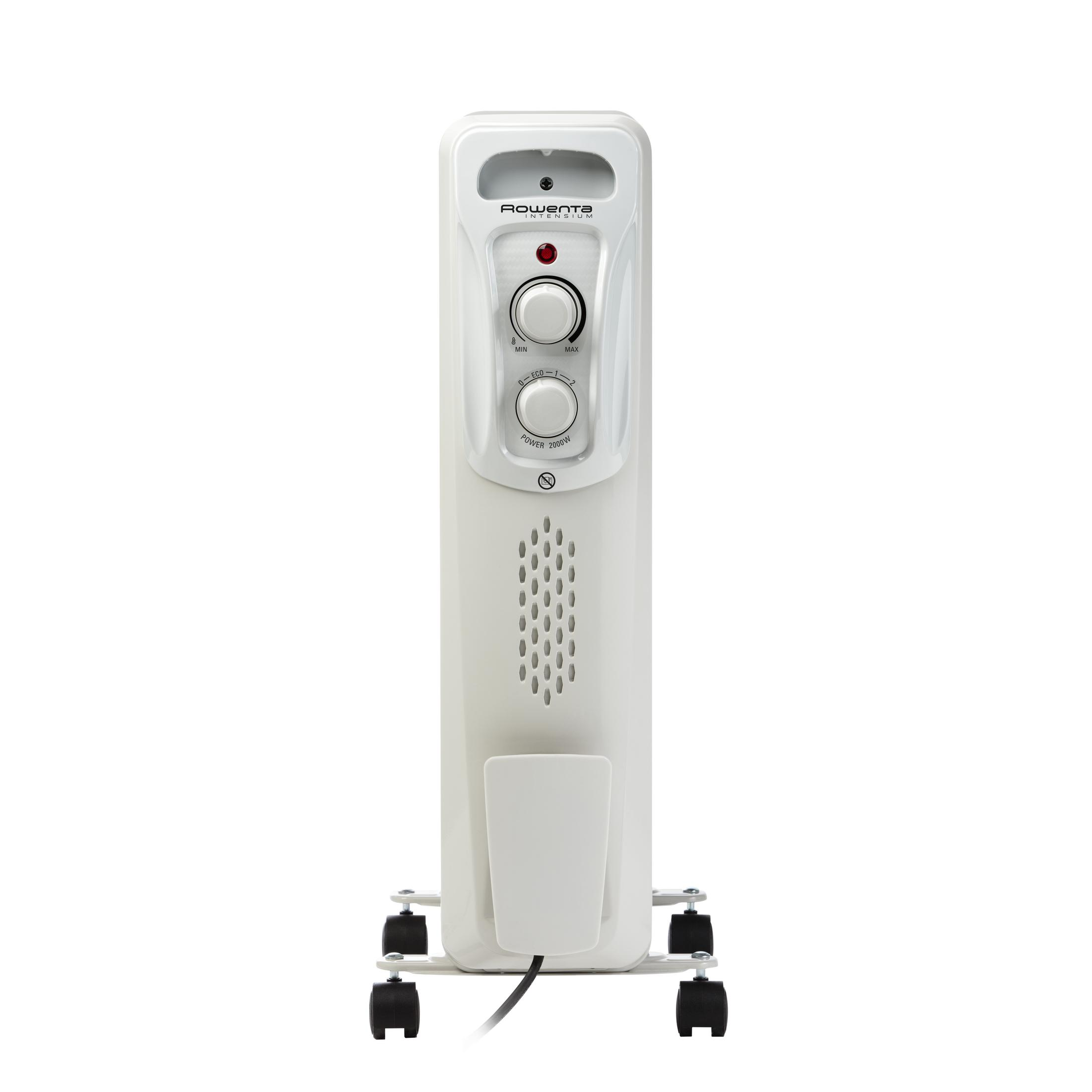 Ein weißer Rowenta Ölradiator mit Rädern und Bedienelementen.