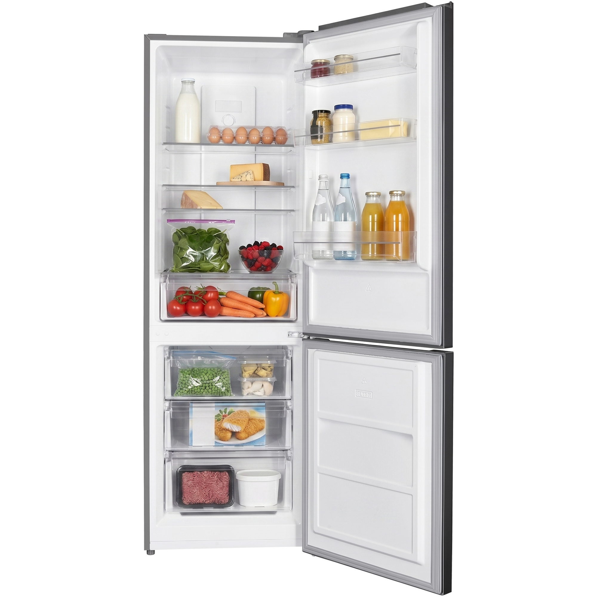 Offener Kühlschrank mit Lebensmitteln: Milch, Eier, Käse, Spinat, Beeren, Tomaten, Karotten, Erbsen, Fischstäbchen, Hackfleisch.
