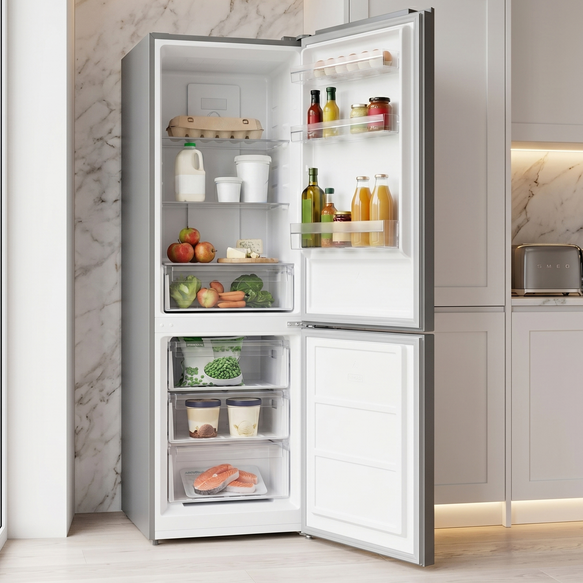 Ein offener Kühlschrank mit Lebensmitteln wie Eiern, Milch, Obst, Gemüse und Fisch.