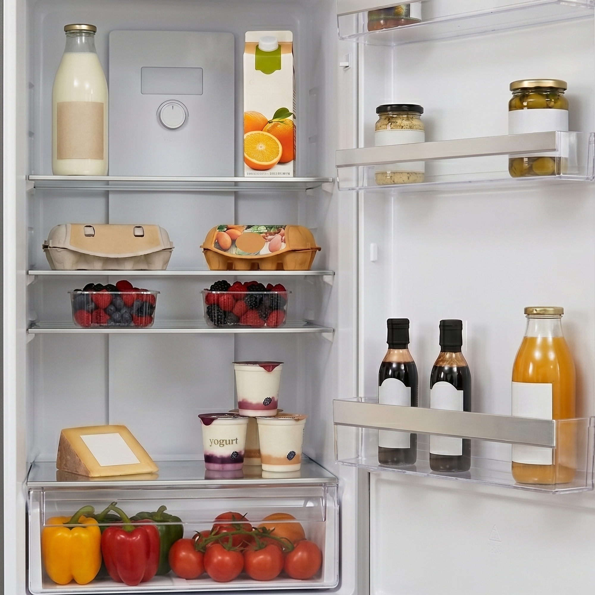 Ein offener Kühlschrank mit Lebensmitteln auf mehreren Regalen.