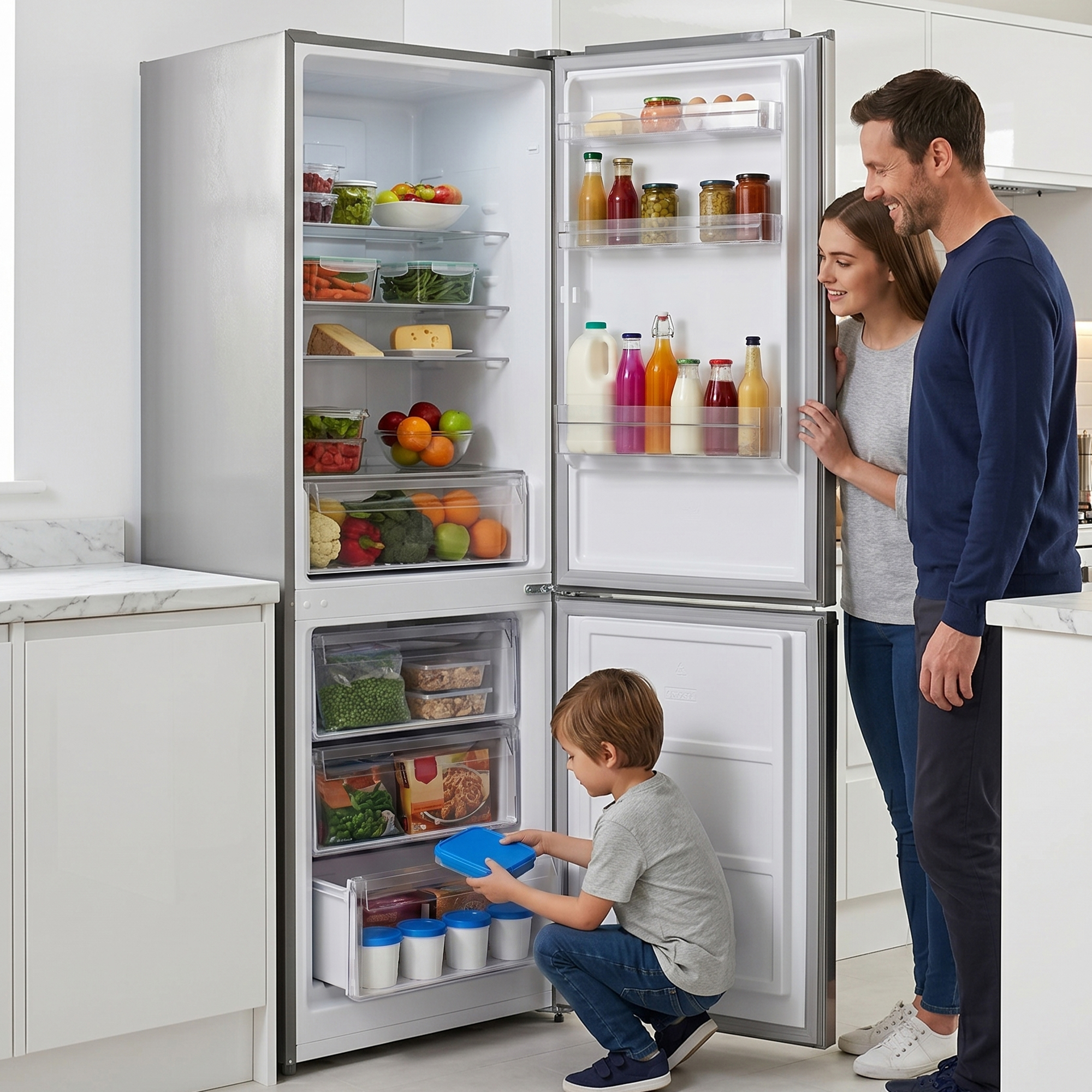 Familie blickt in einen vollen Kühlschrank. Ein Junge nimmt einen blauen Behälter heraus.