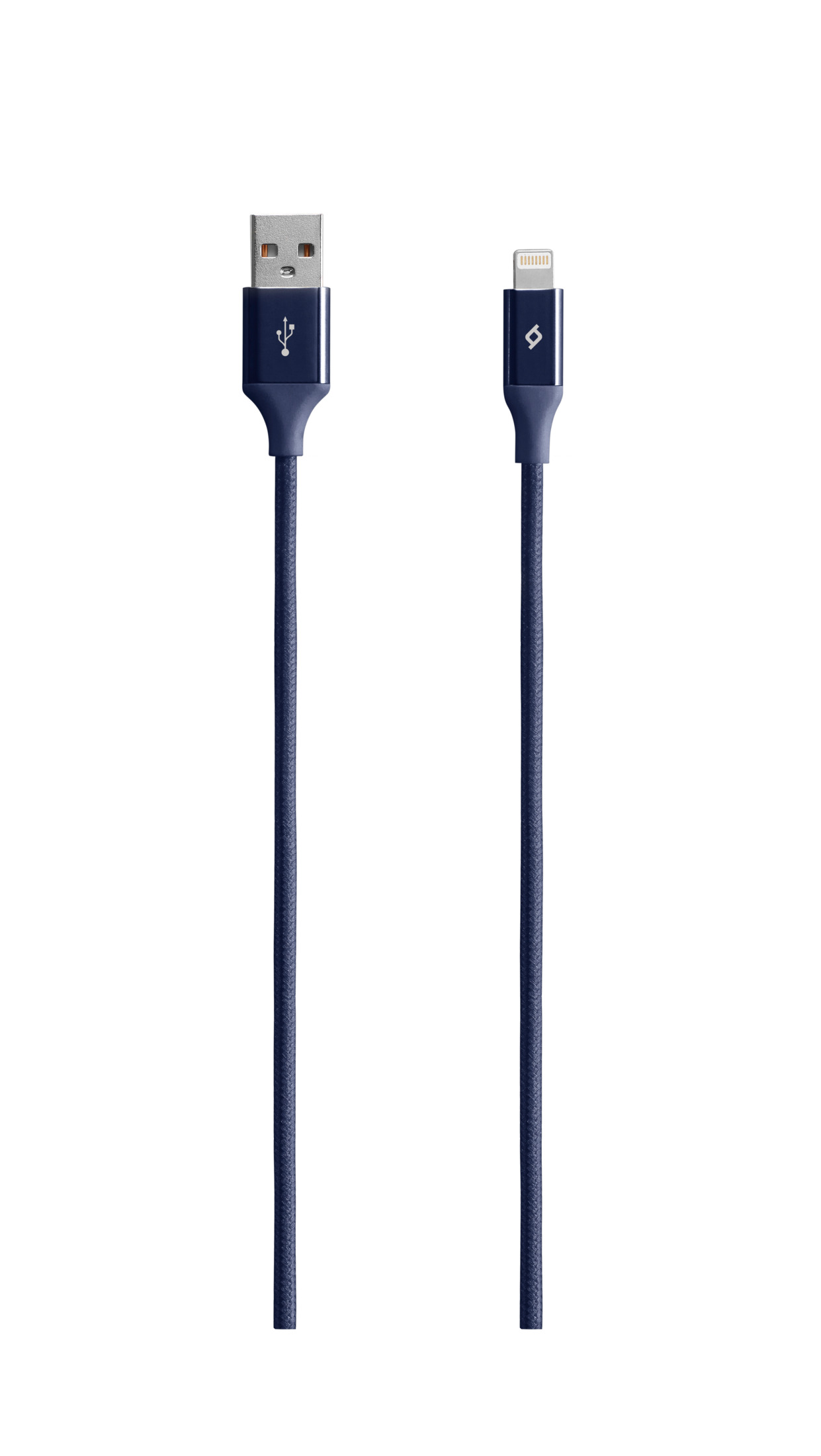 Kumaş kaplı koyu mavi USB - Lightning kablosu.