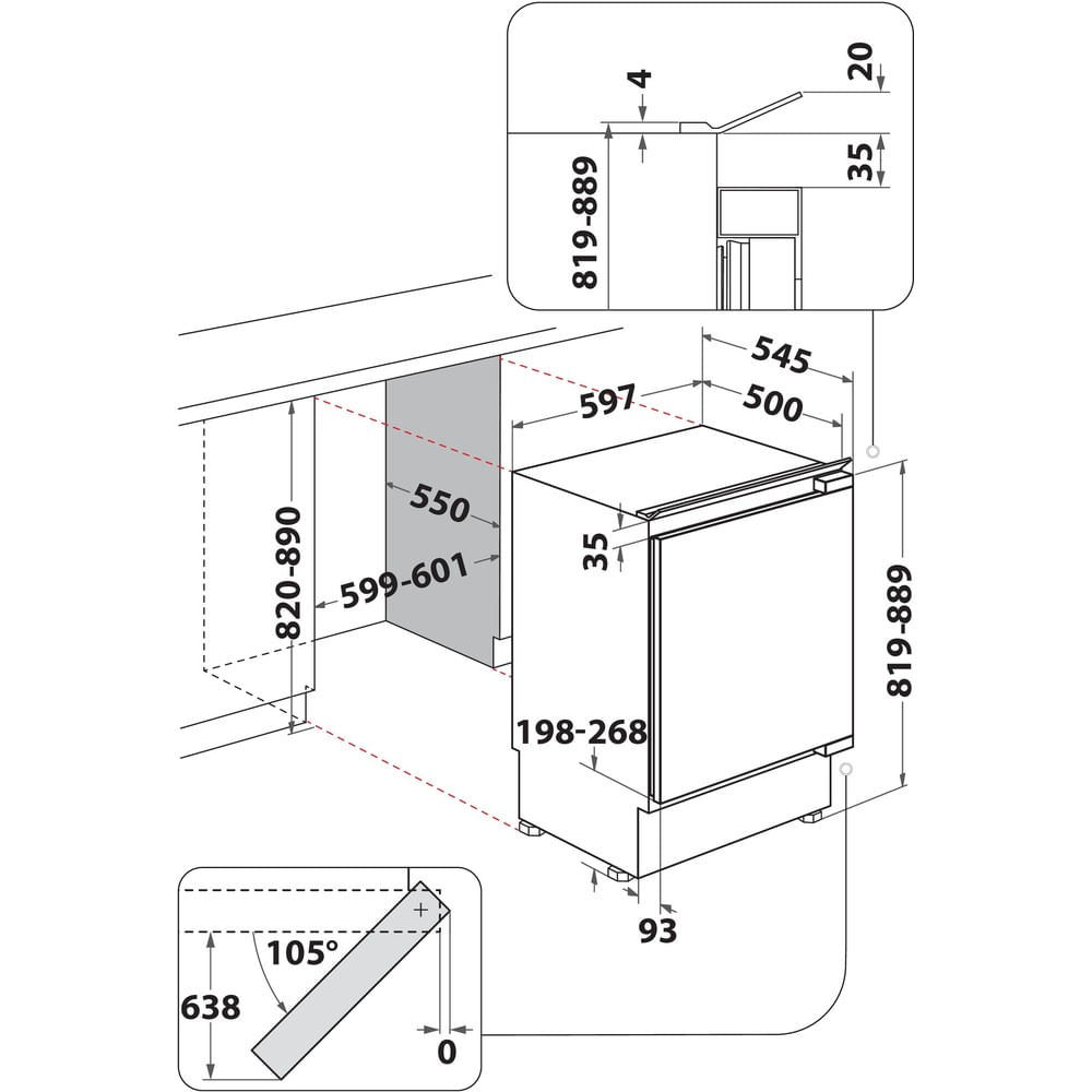 Disegno tecnico di un apparecchio con dimensioni in mm. Mostra misure di installazione e dettagli.