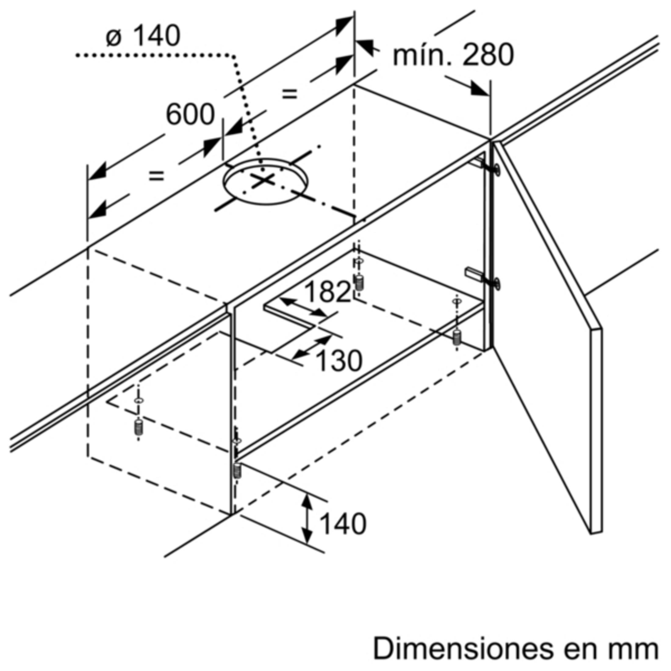 Diagrama que muestra dimensiones para un electrodoméstico. Medidas en mm.