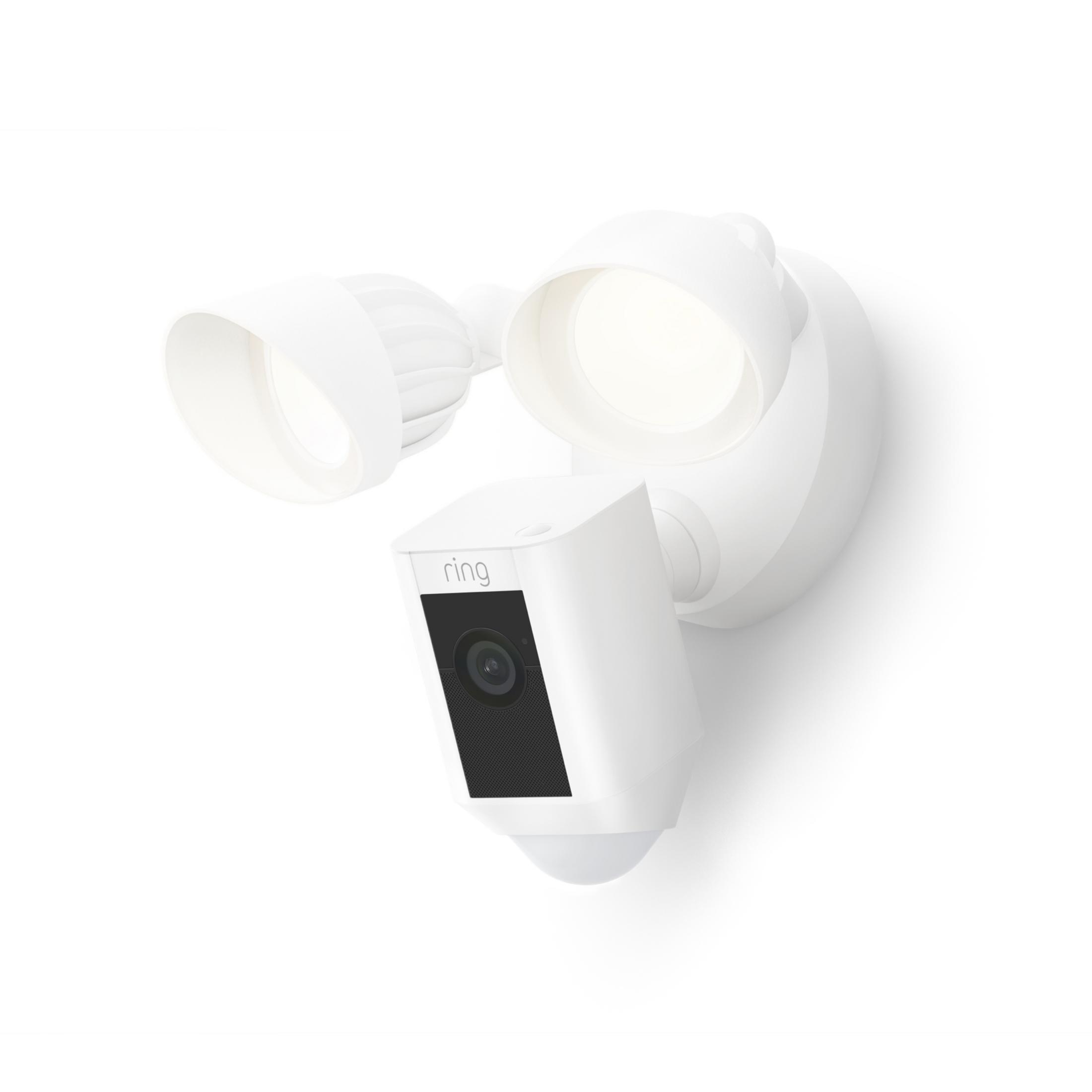 Detector de seguridad blanco Ring con focos, dos luces y una cámara.