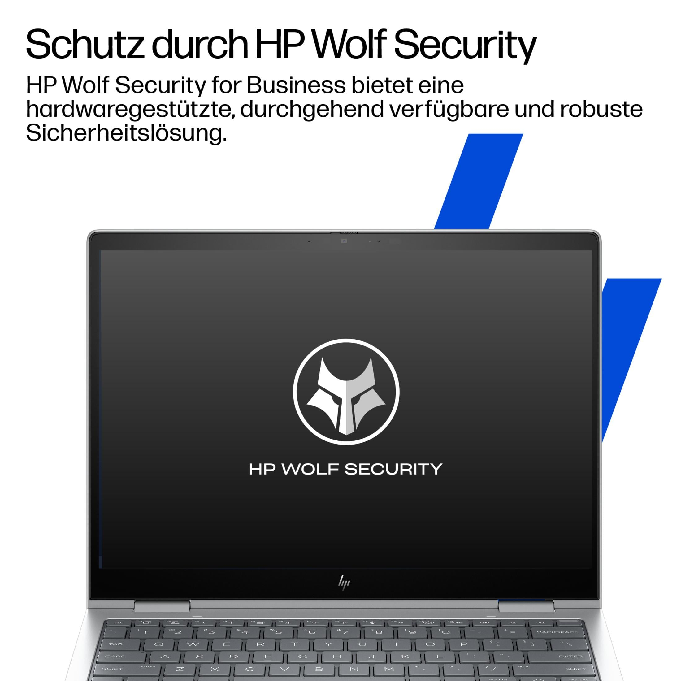 Laptop con logo HP Wolf Security su schermo scuro. Accento blu.