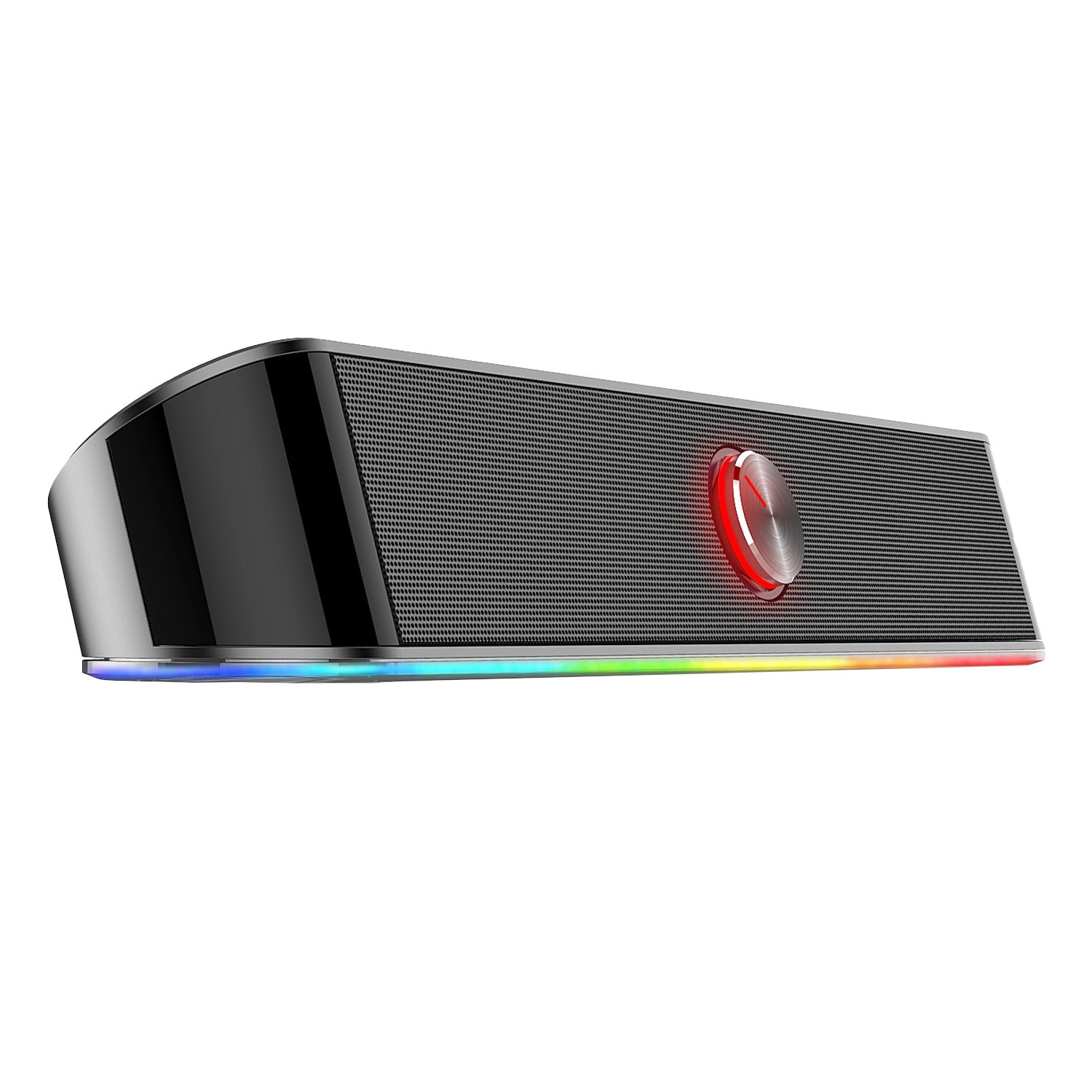 Altında RGB aydınlatmalı, gümüş kadranlı siyah hoparlör.