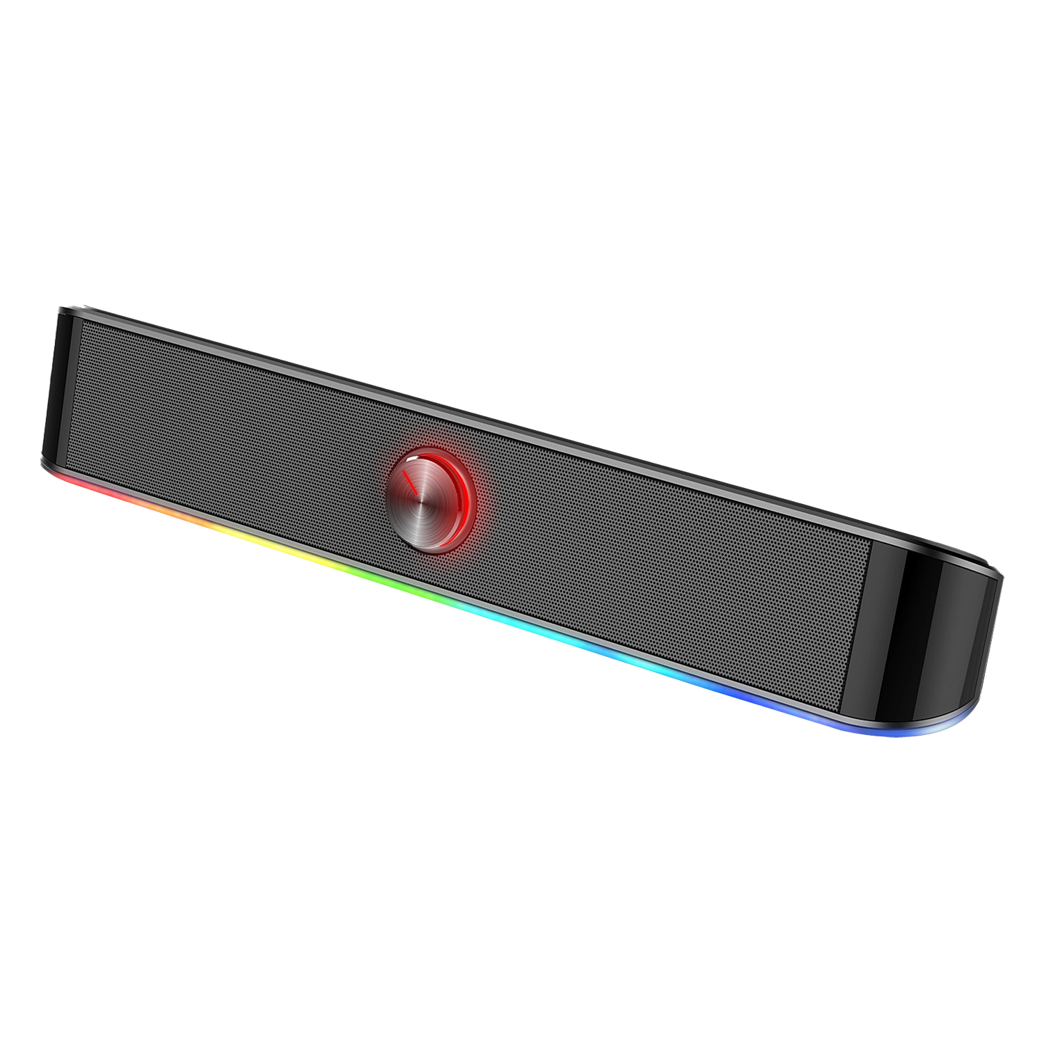 RGB aydınlatmalı ve kırmızı düğmeli siyah hoparlör.